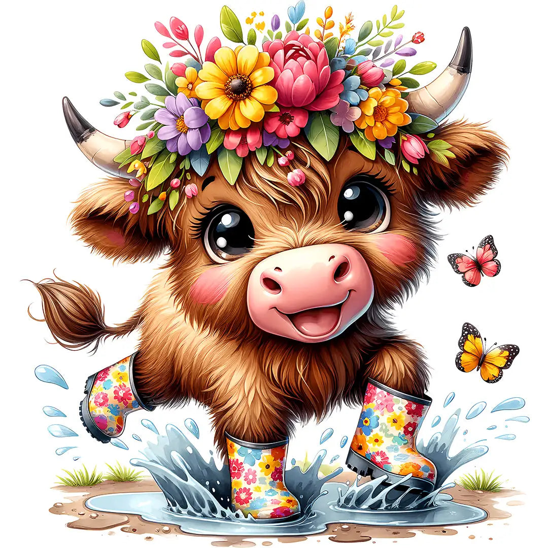 Bügelbild Highland Kuh Plitsch Platsch Gummistiefel - S
