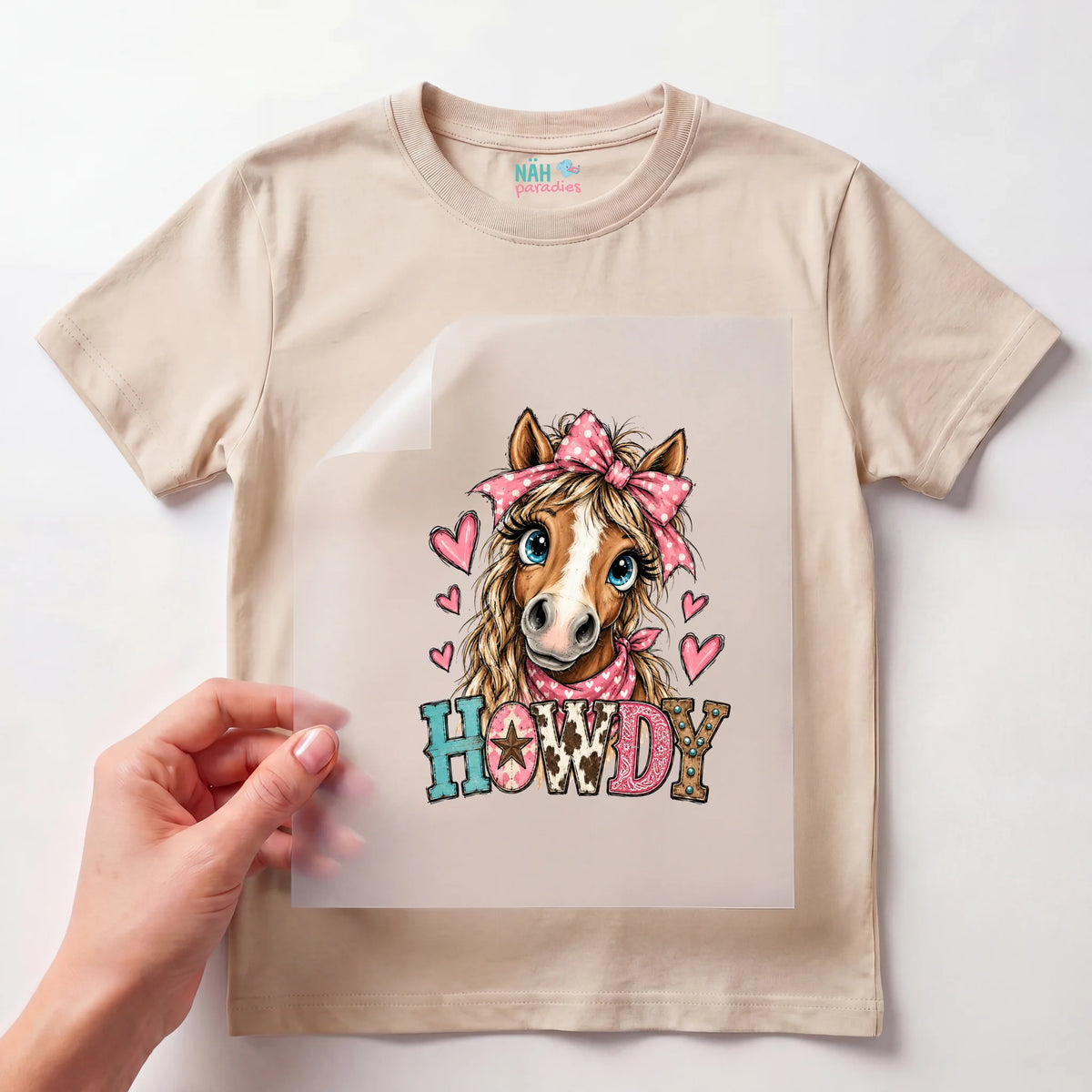 Bügelbild Howdy Pferd mit Schleife Rosa