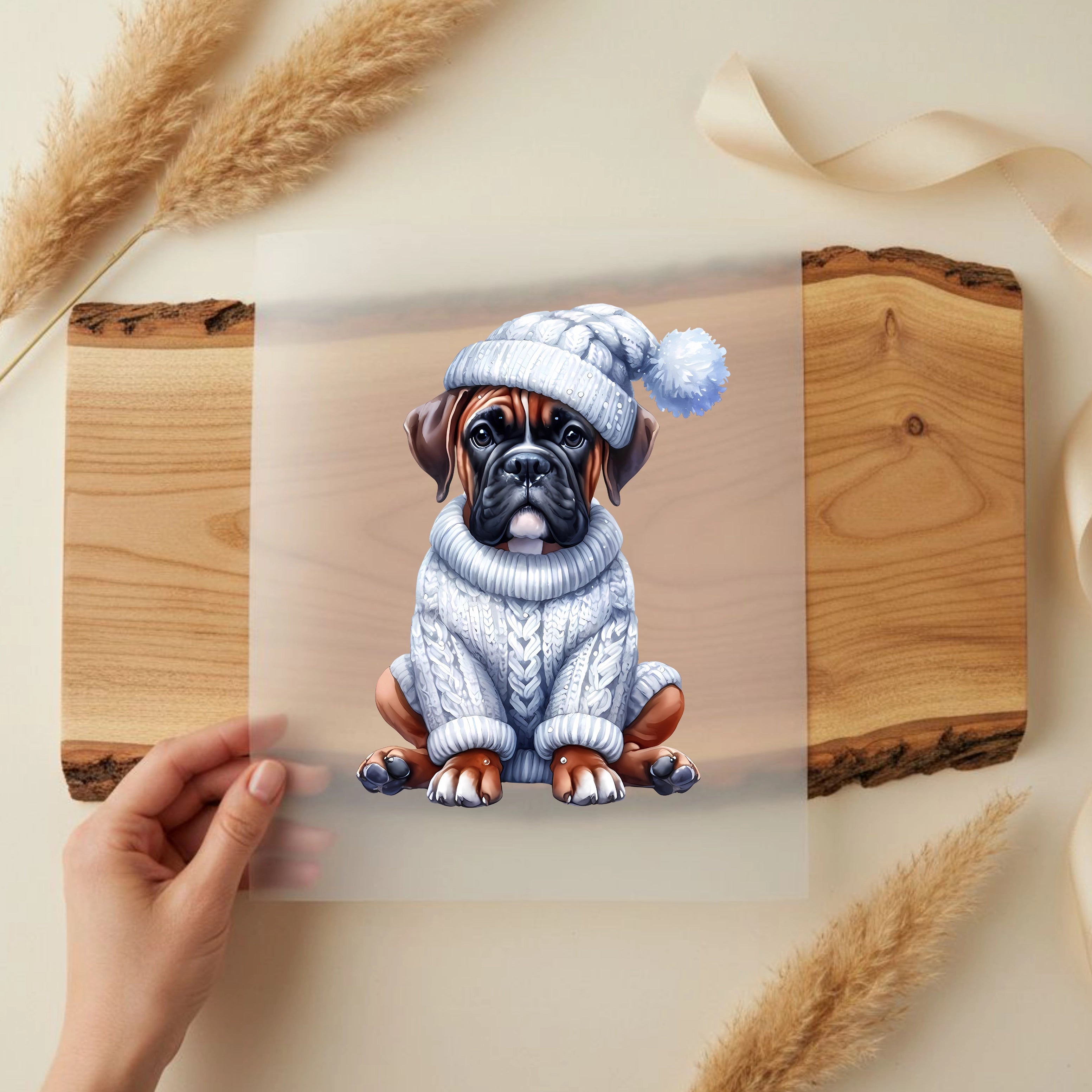 Bügelbild Hund Boxer Mino Weihnachtszauber