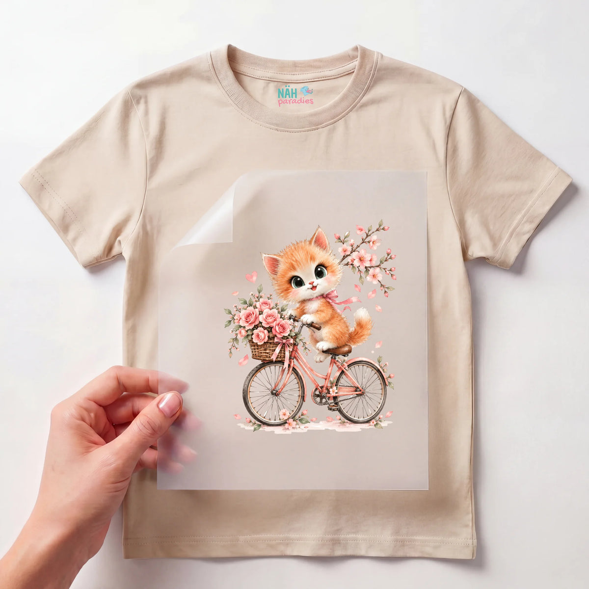 Bügelbild Kätzchen auf Fahrrad mit Blumen
