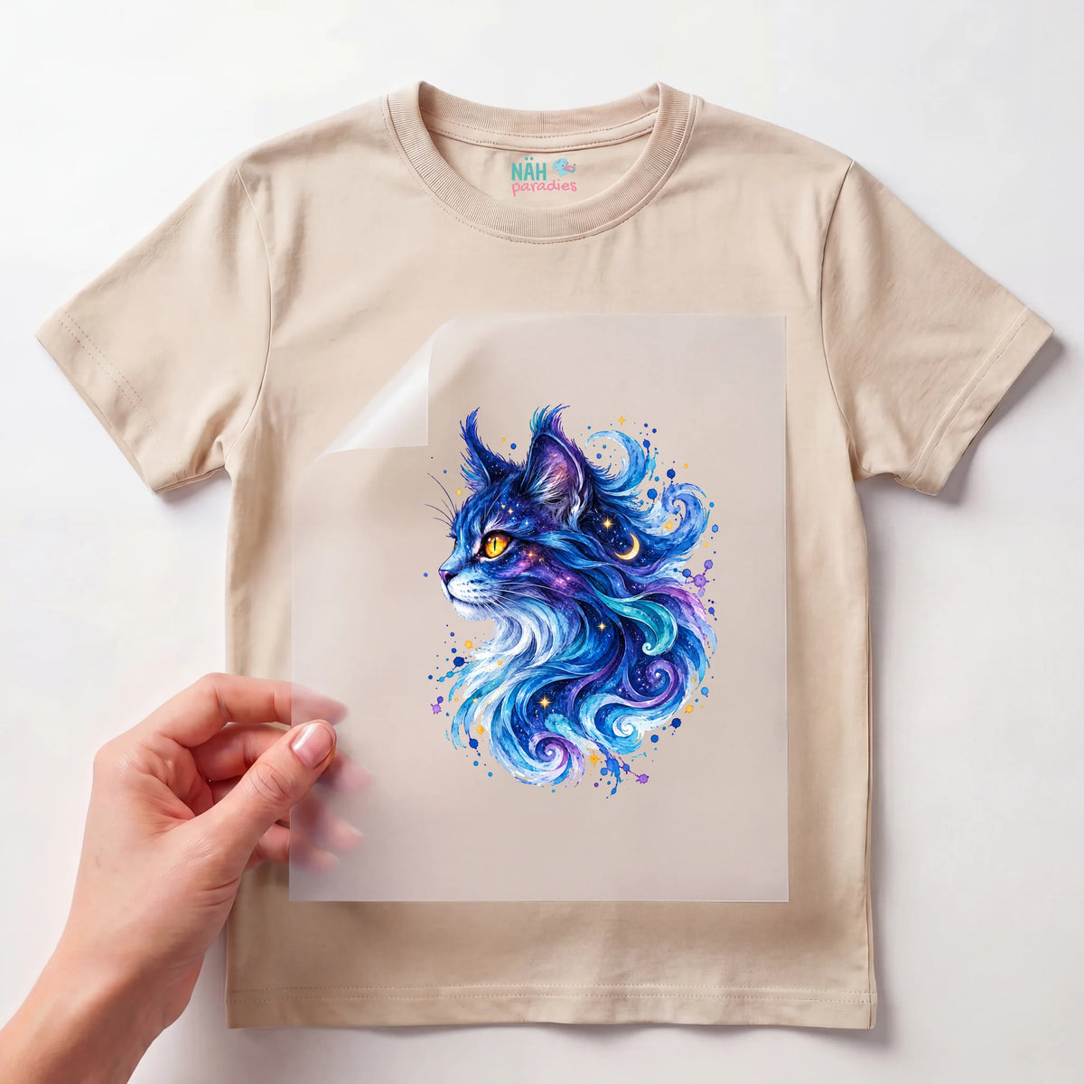 Bügelbild Katze Galaxie Blau Aquarell