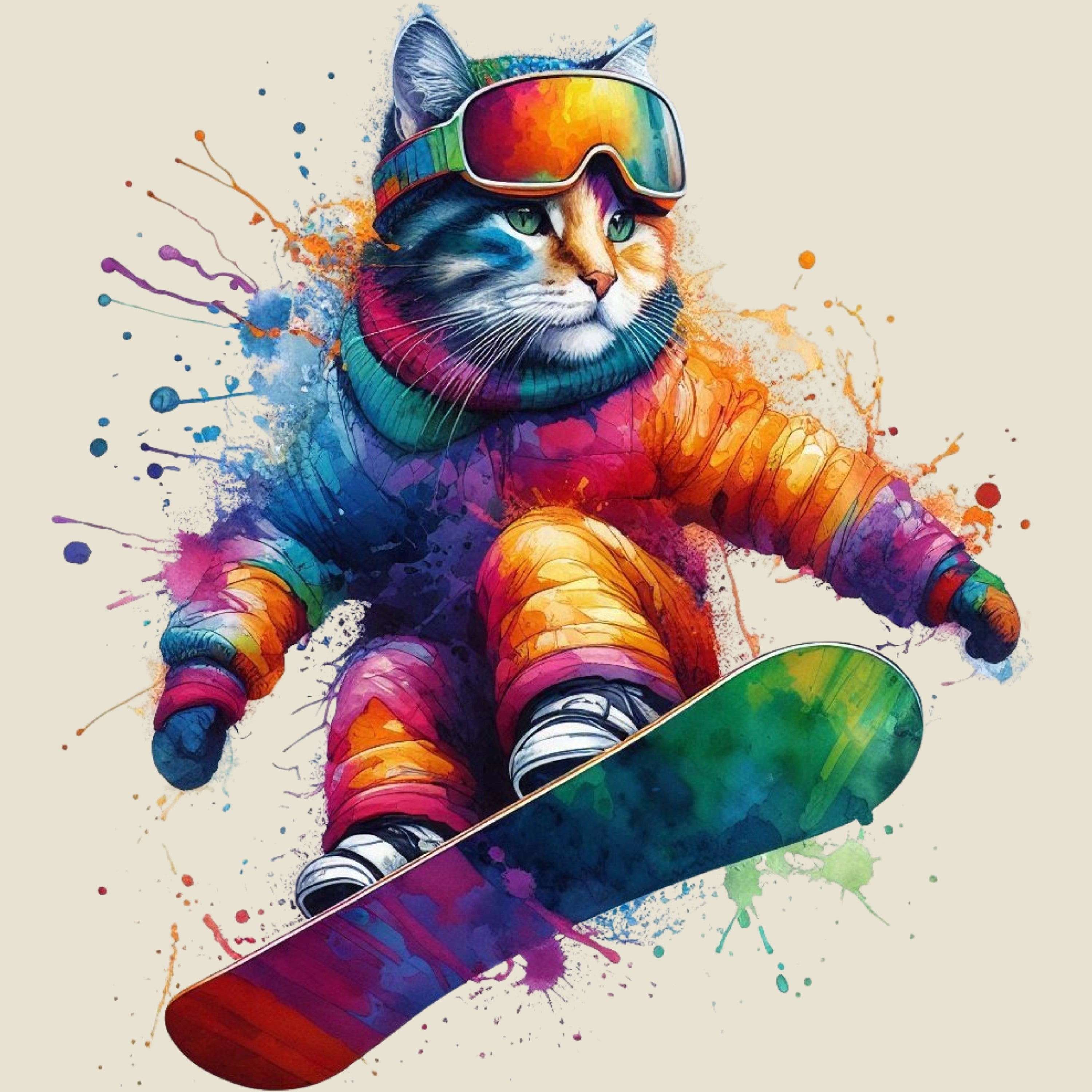 Bügelbild Katze Snowboardspaß
