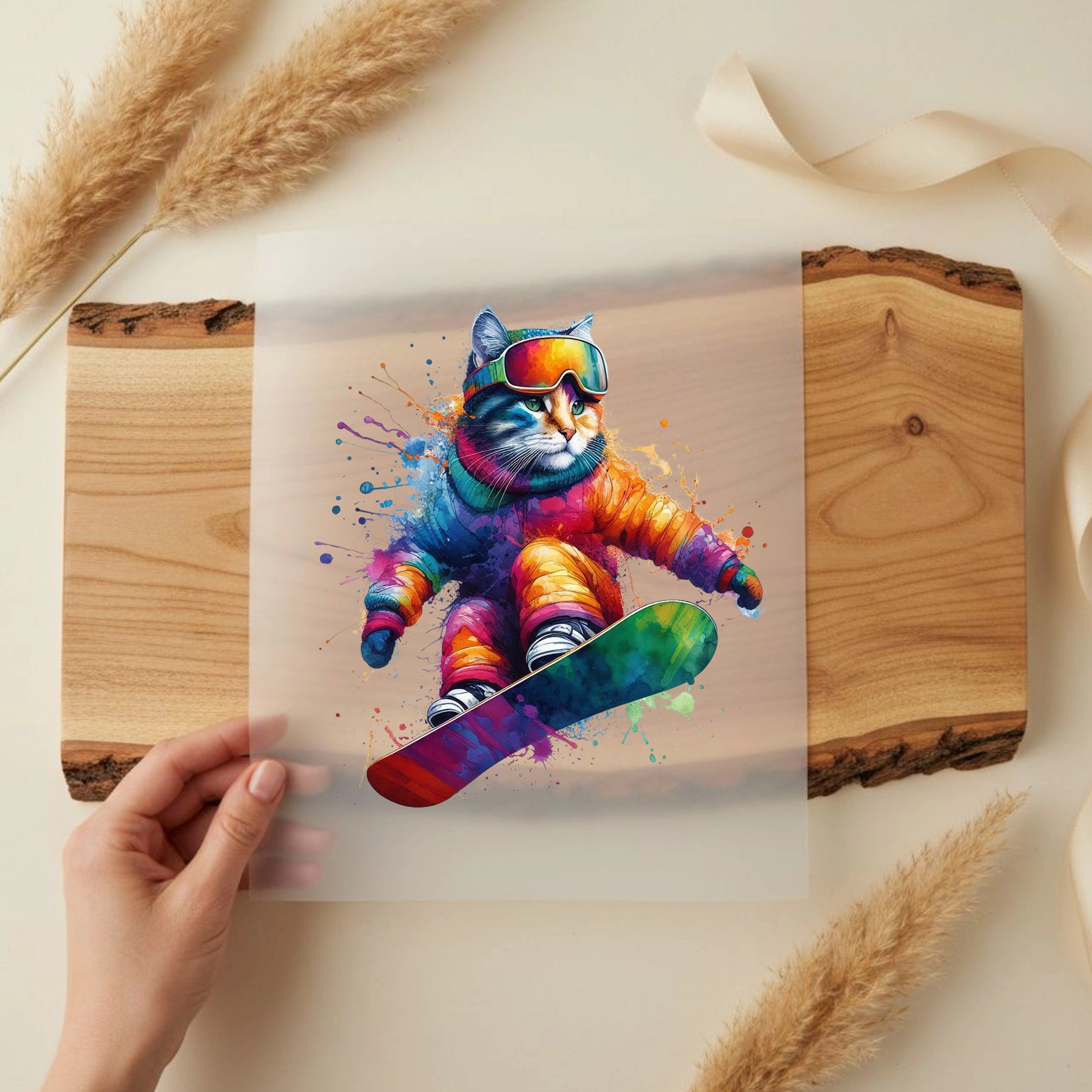 Bügelbild Katze Snowboardspaß