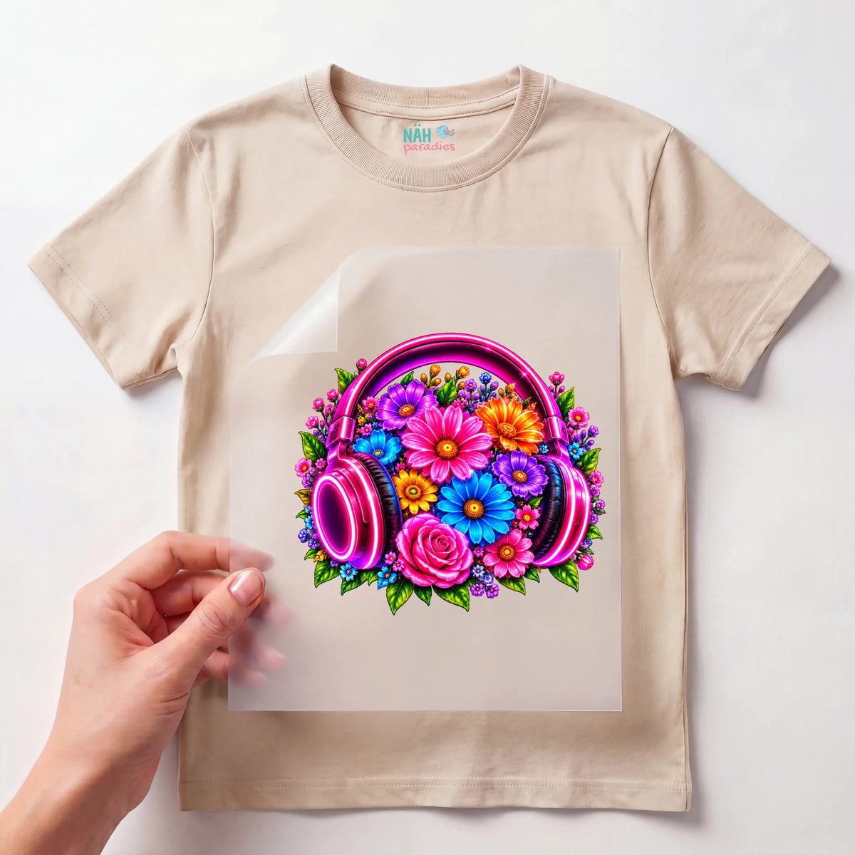 Bügelbild Kopfhörer mit Blumen Neon Pink