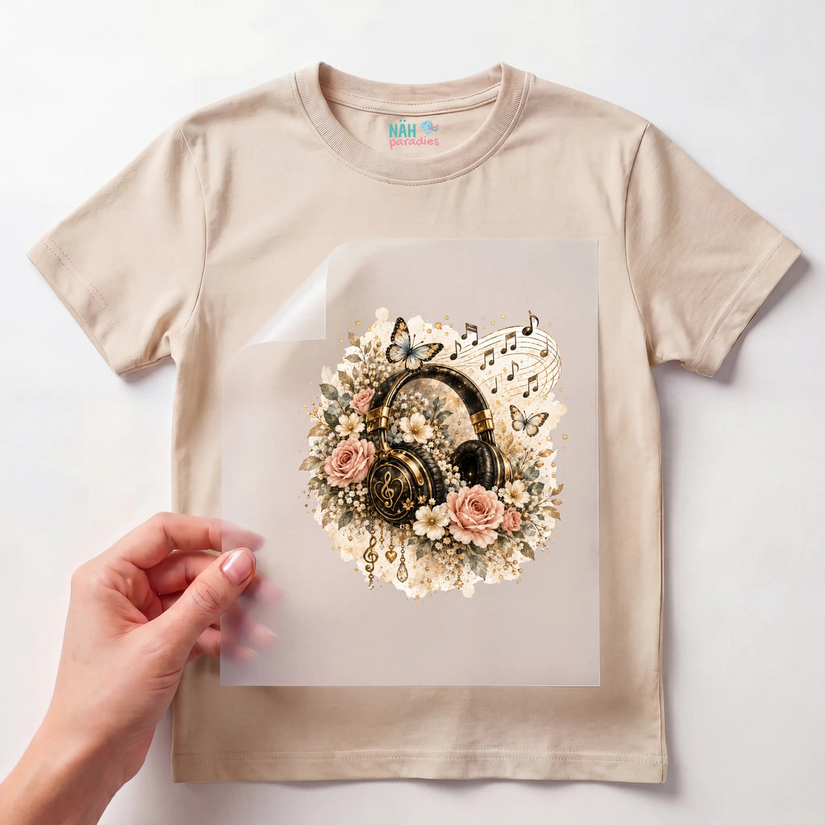 Bügelbild Kopfhörer mit Rosen Vintage
