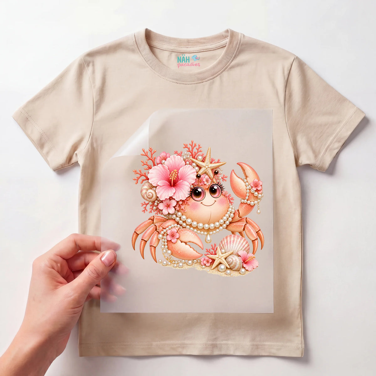 Bügelbild Krabbe mit Blumen und Perlen