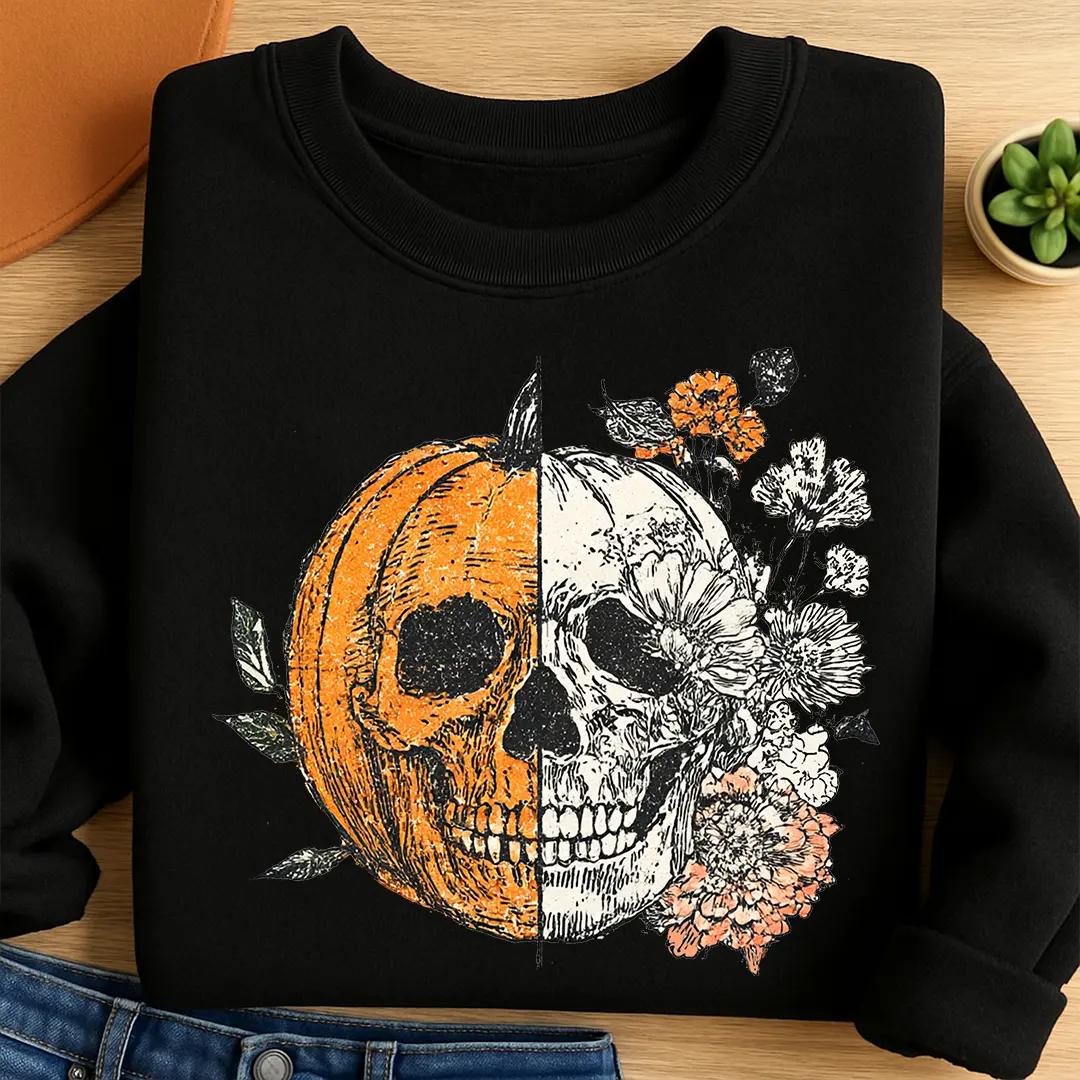 Bügelbild Kürbis Skull Flower