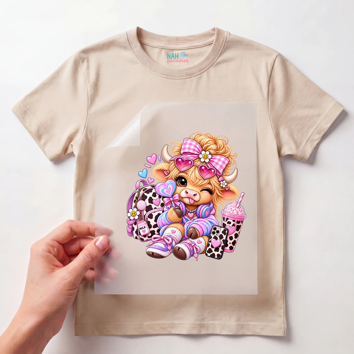 Bügelbild Kuh Kawaii Rosa mit Rucksack