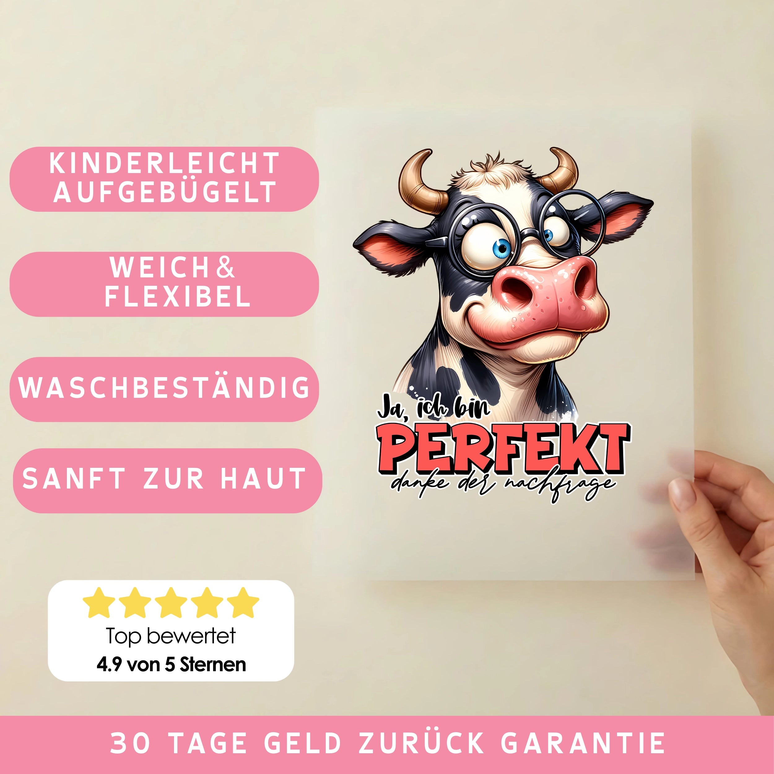 Bügelbild Lustige Kuh "Ja ich bin PERFEKT"