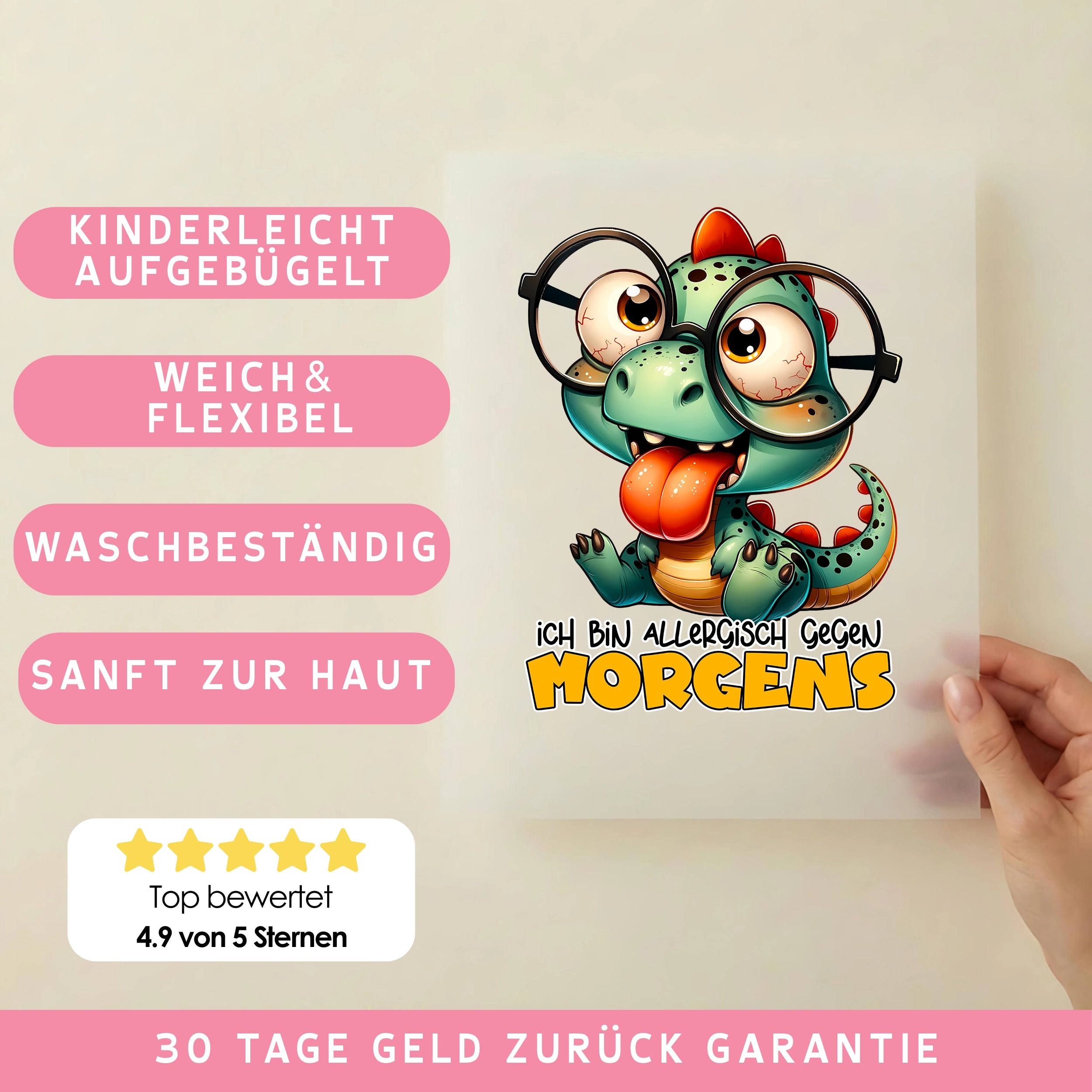 Bügelbild Lustiger Dino "Ich bin allergisch gegen MORGENS"