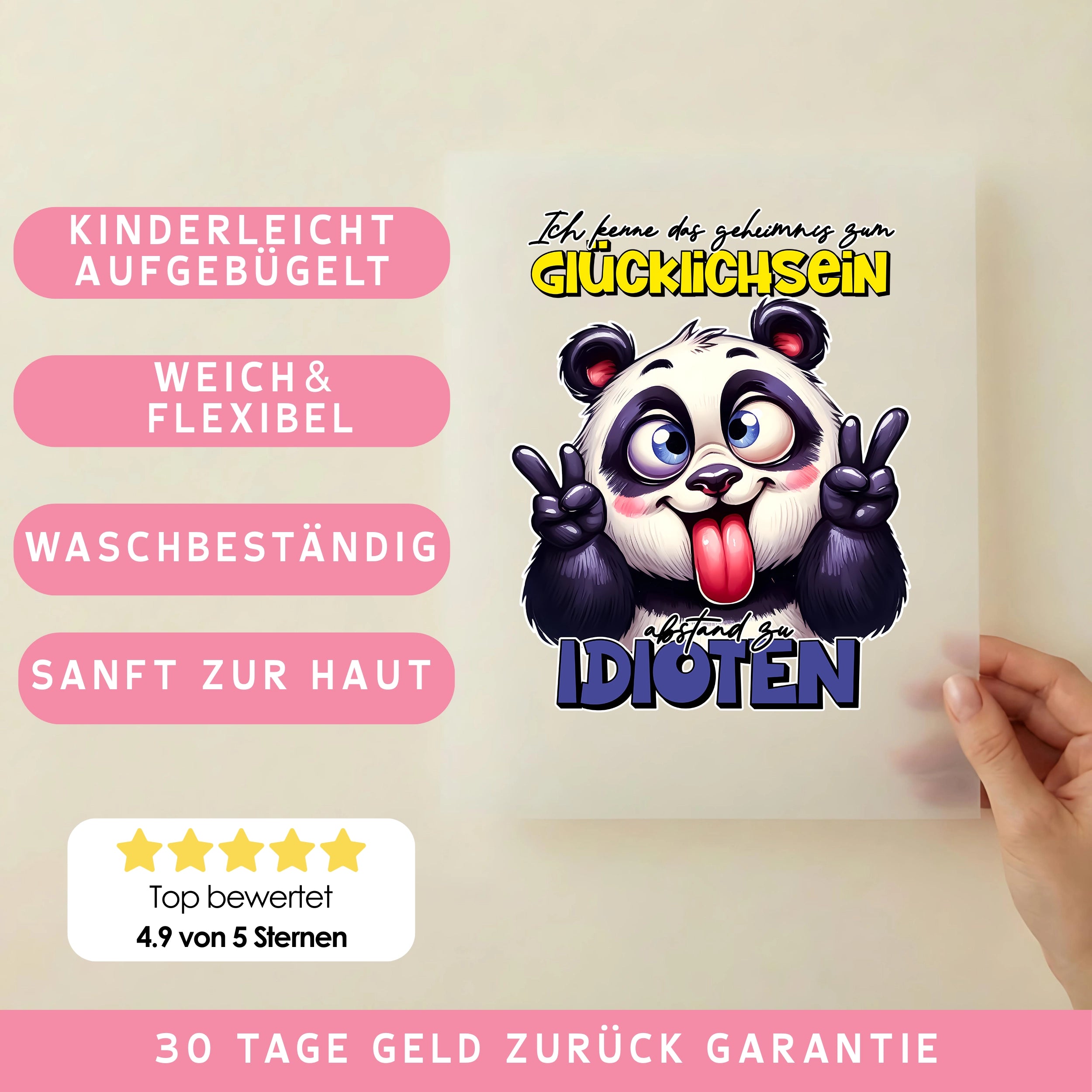 Bügelbild Lustiger Panda "geheimnis zum GLÜCKLICHSEIN"