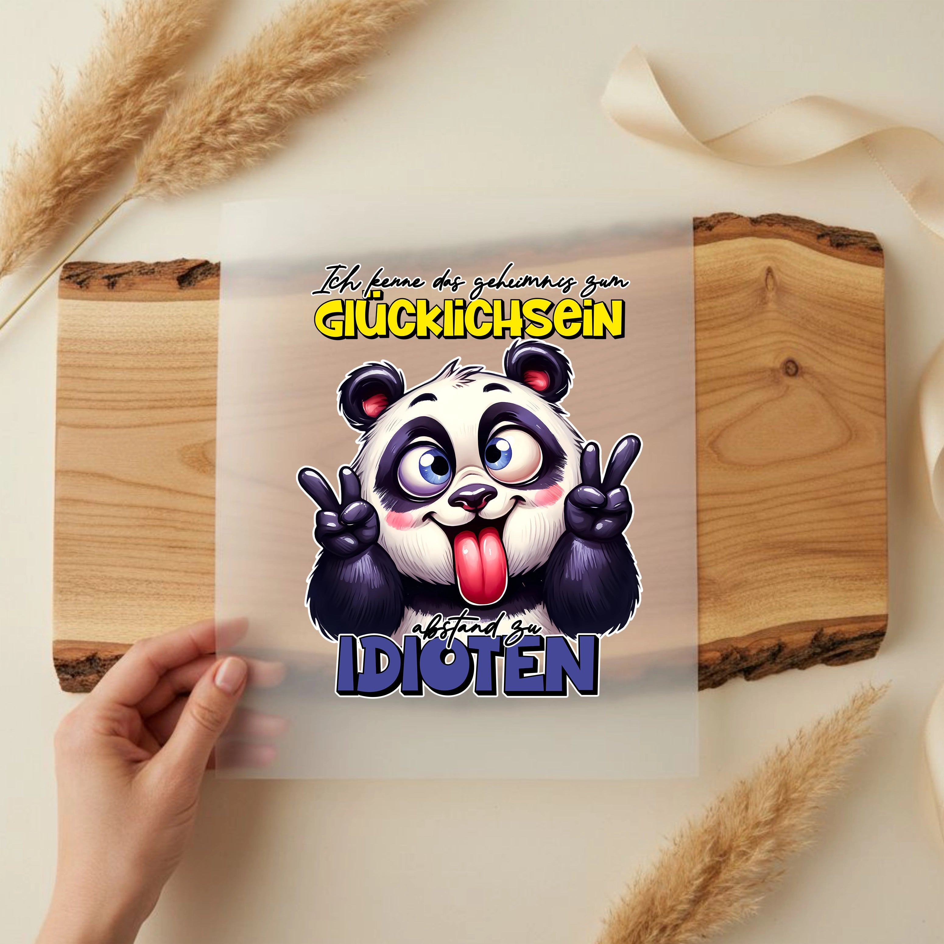 Bügelbild Lustiger Panda "geheimnis zum GLÜCKLICHSEIN"