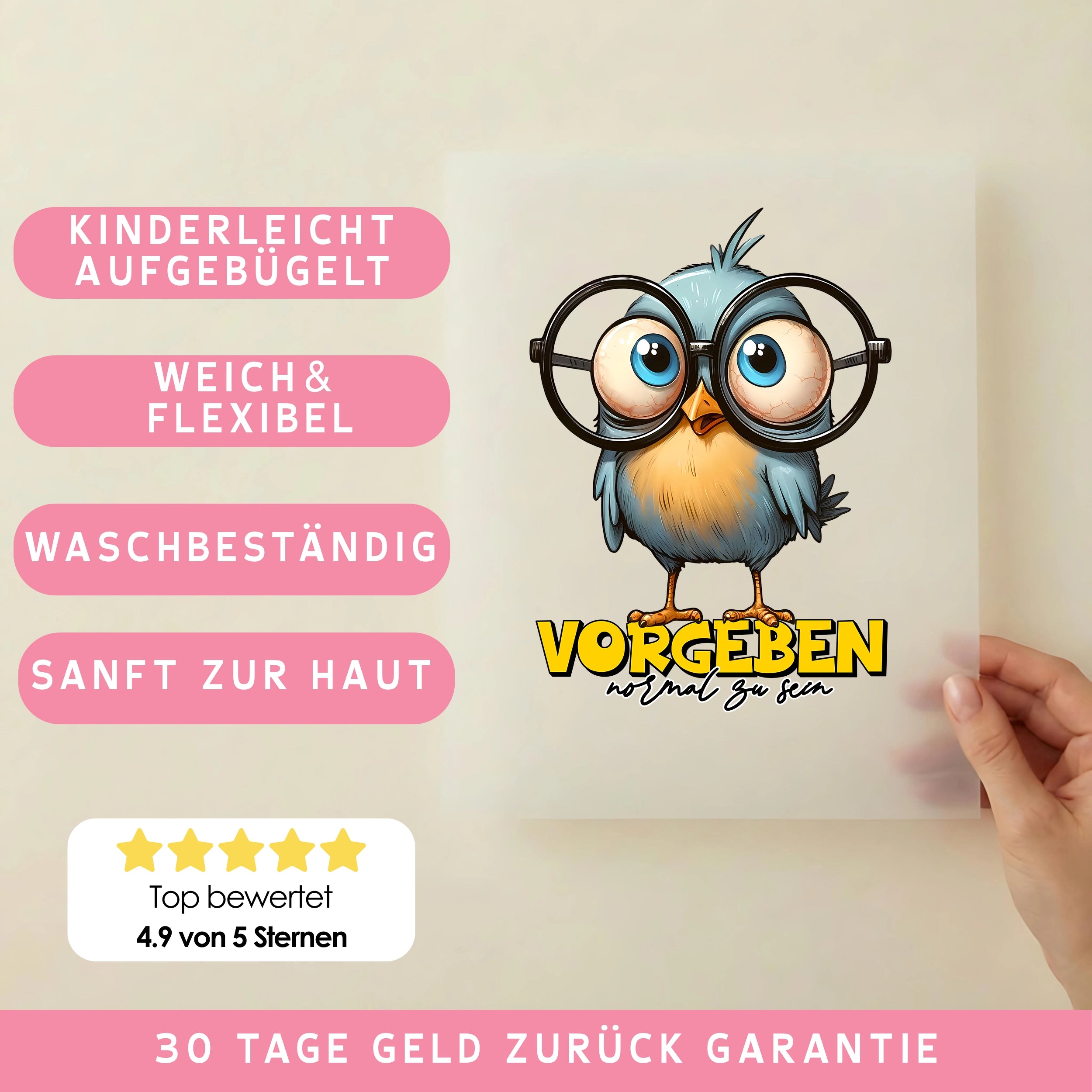 Bügelbild Lustiger Vogel "VORGEBEN normal zu sein"