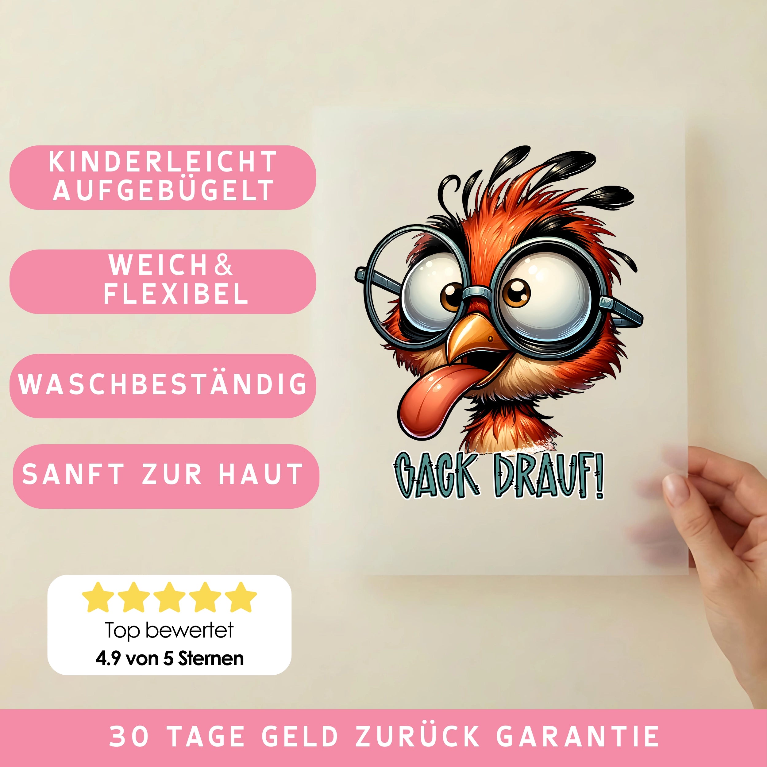 Bügelbild Lustiges Huhn "GACK DRAUF"