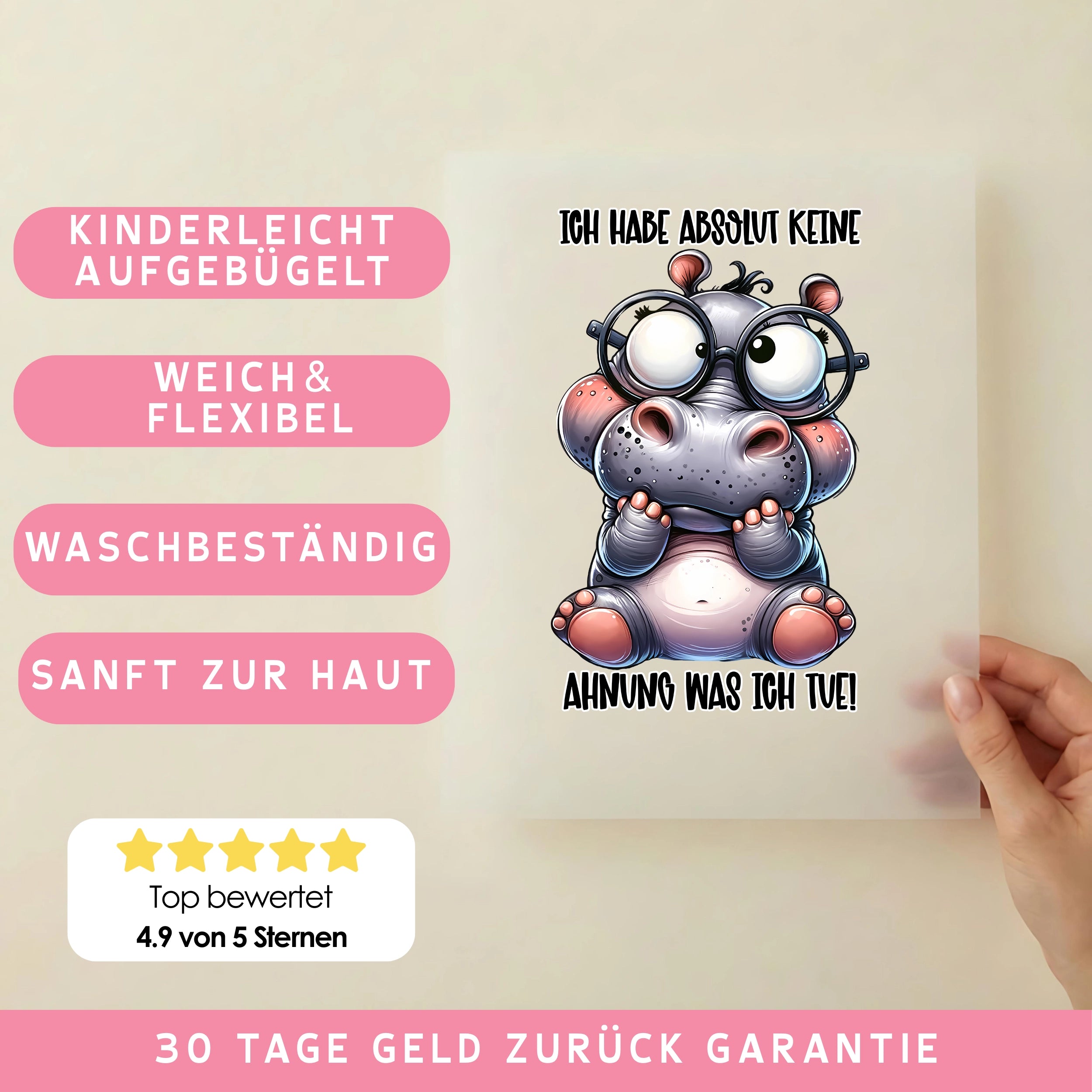 Bügelbild Lustiges Nilpferd "KEINE AHNUNG WAS ICH TUE"