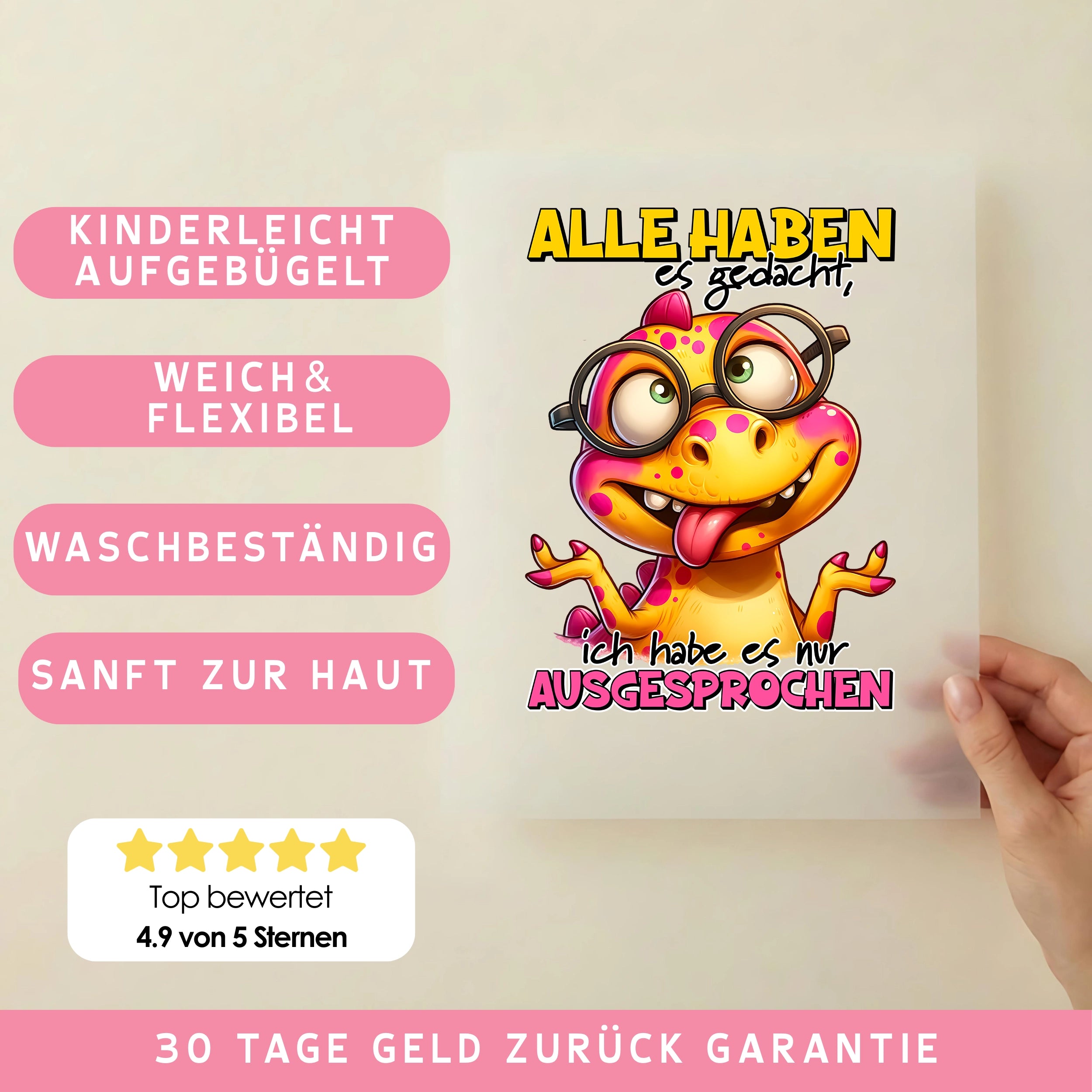 Bügelbild Lustiger Dino "nur AUSGESPROCHEN"