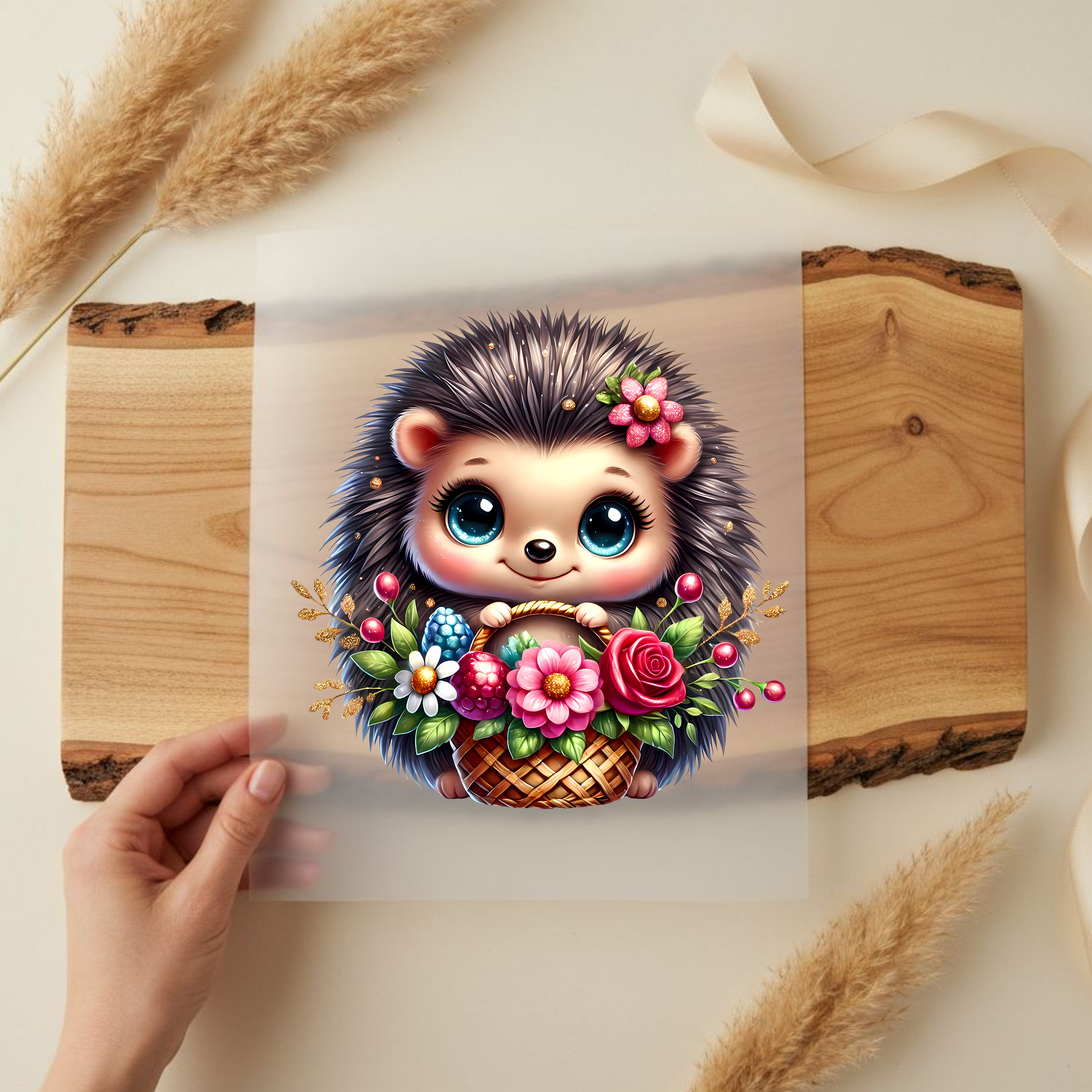 Bügelbild Igel Herzenskorb