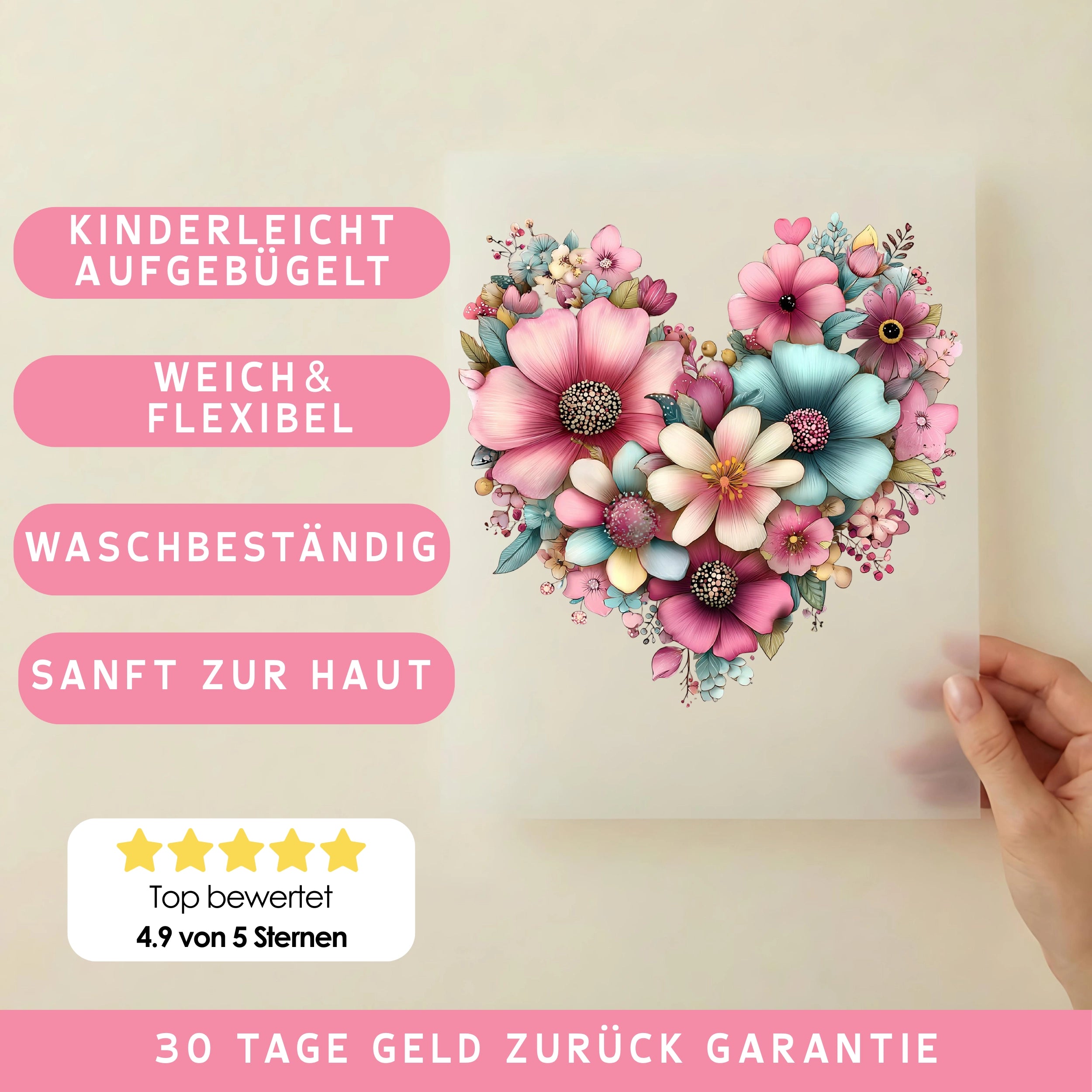 Bügelbild Blumen Herzpoesie