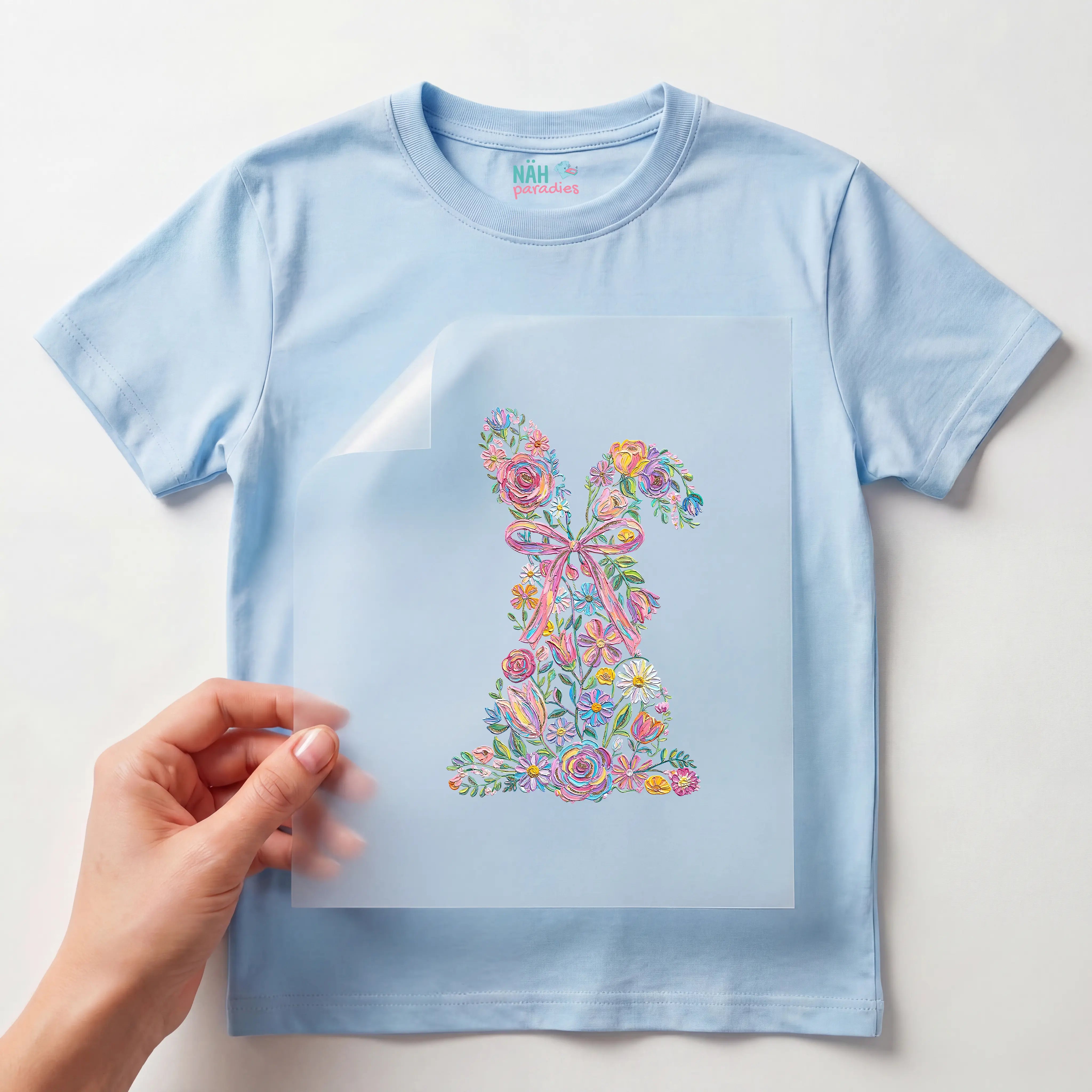 Bügelbild Hase Blumenmalerei