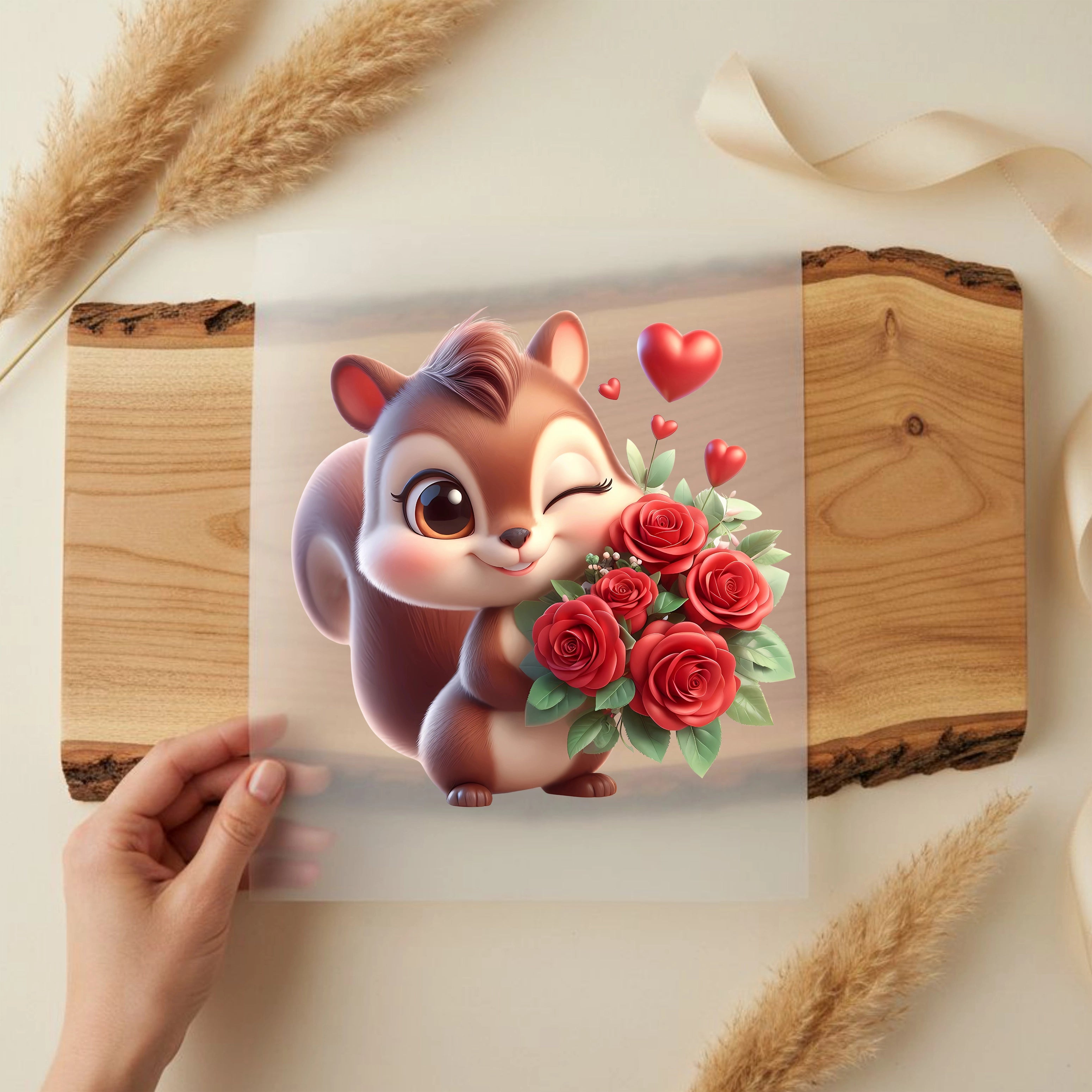 Bügelbild Eichhörnchen Herzstrauß Mia