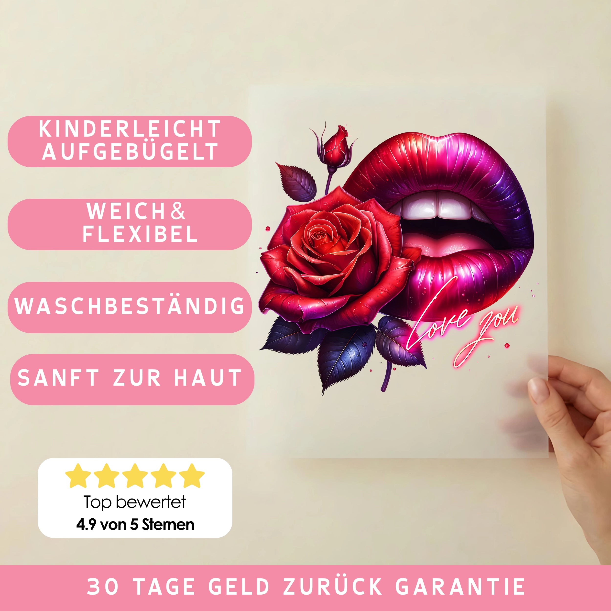Bügelbild Lippen Bloom love you
