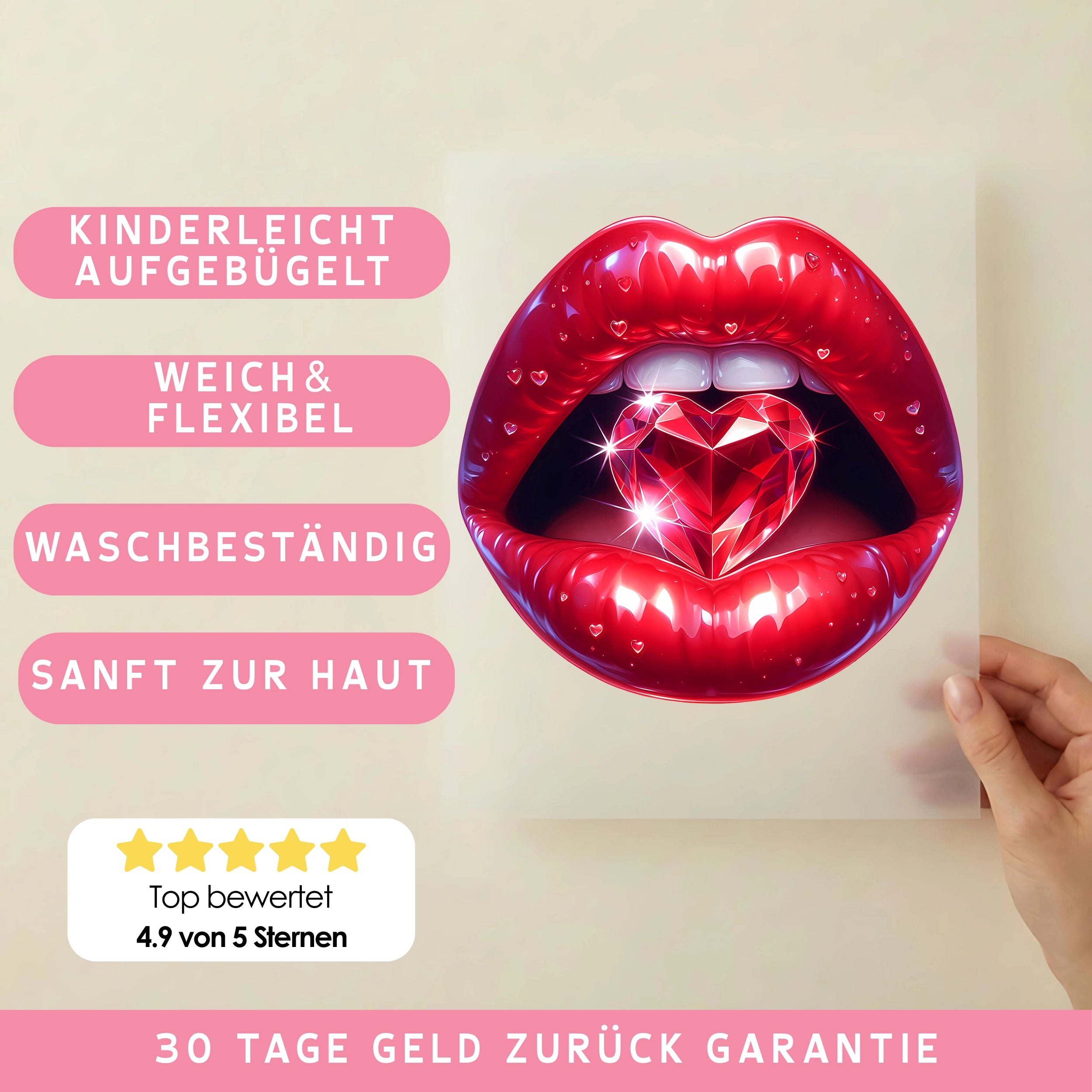 Bügelbild Lippen Rubin Diamantherz