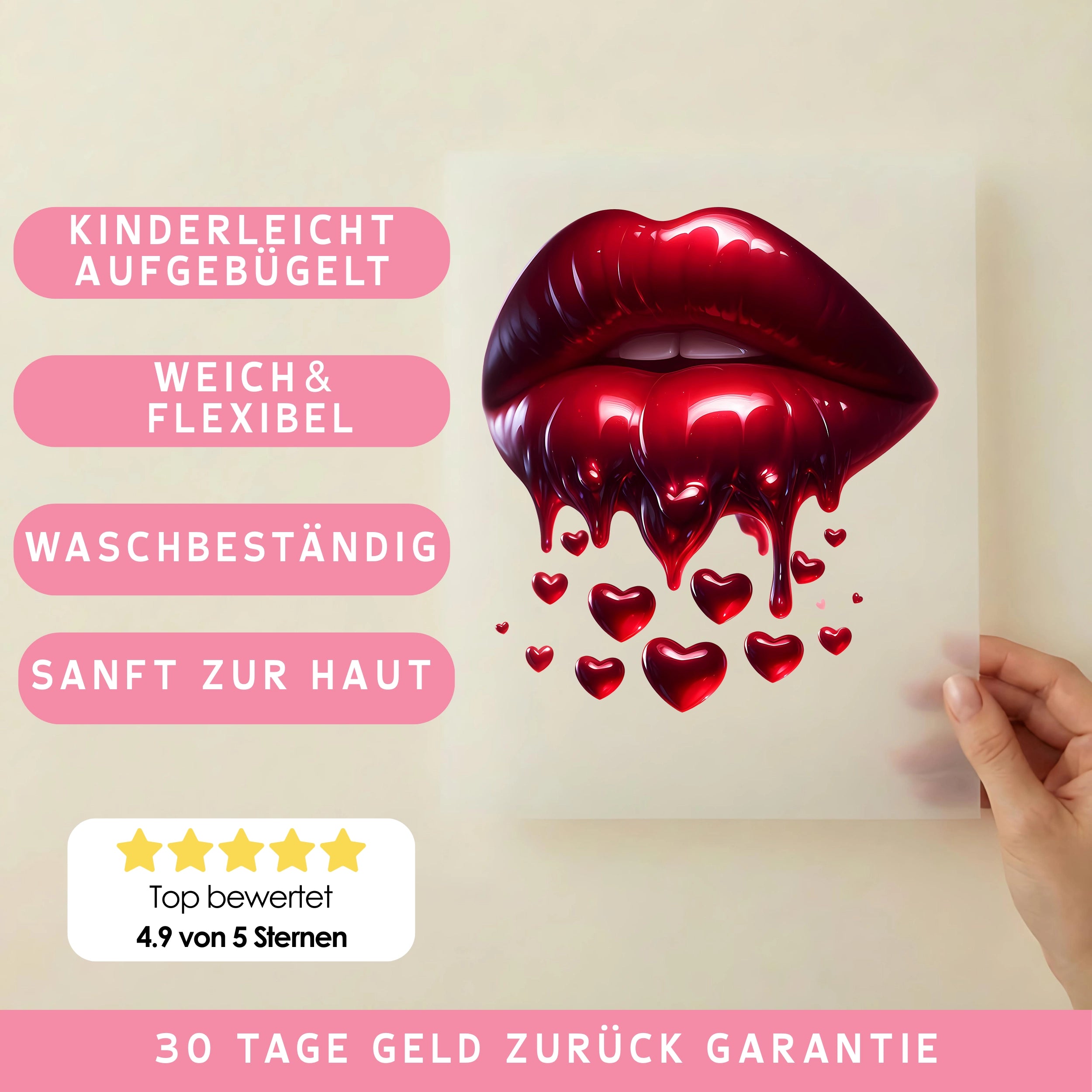 Bügelbild Lippen Rubin Herzregen