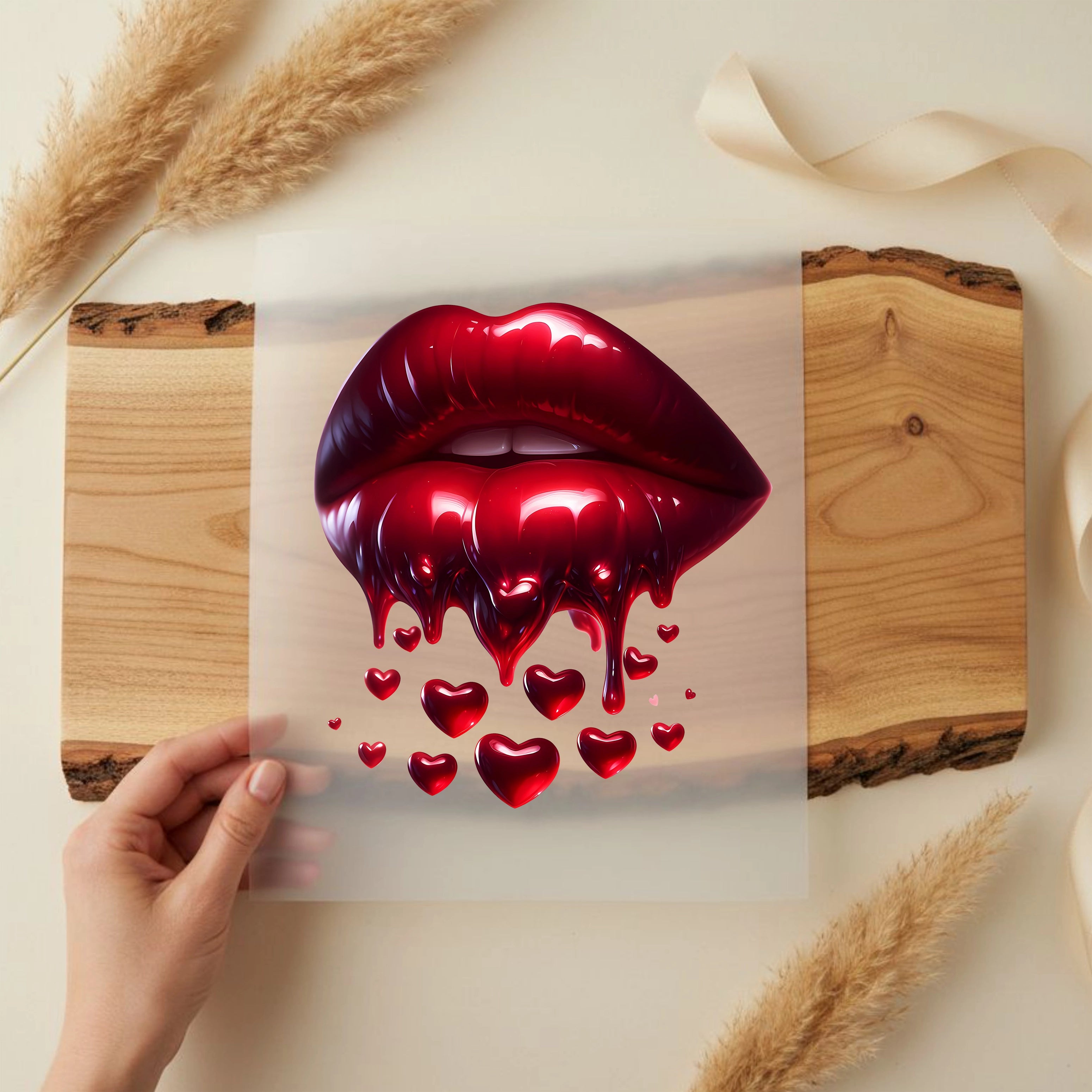 Bügelbild Lippen Rubin Herzregen