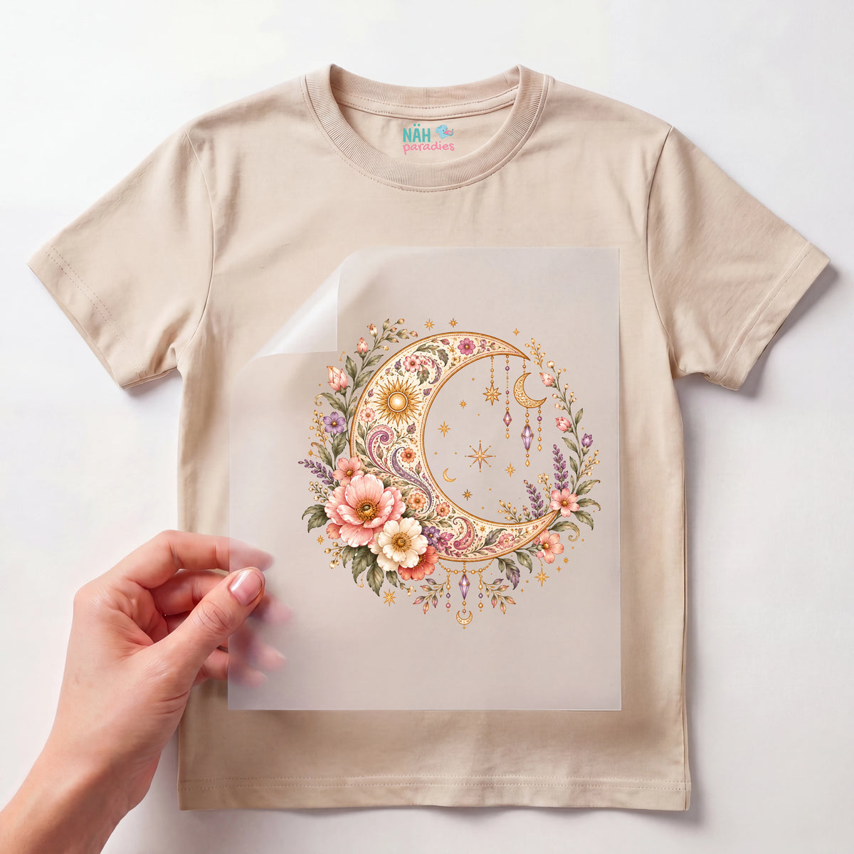 Bügelbild Mond mit Blumen Boho