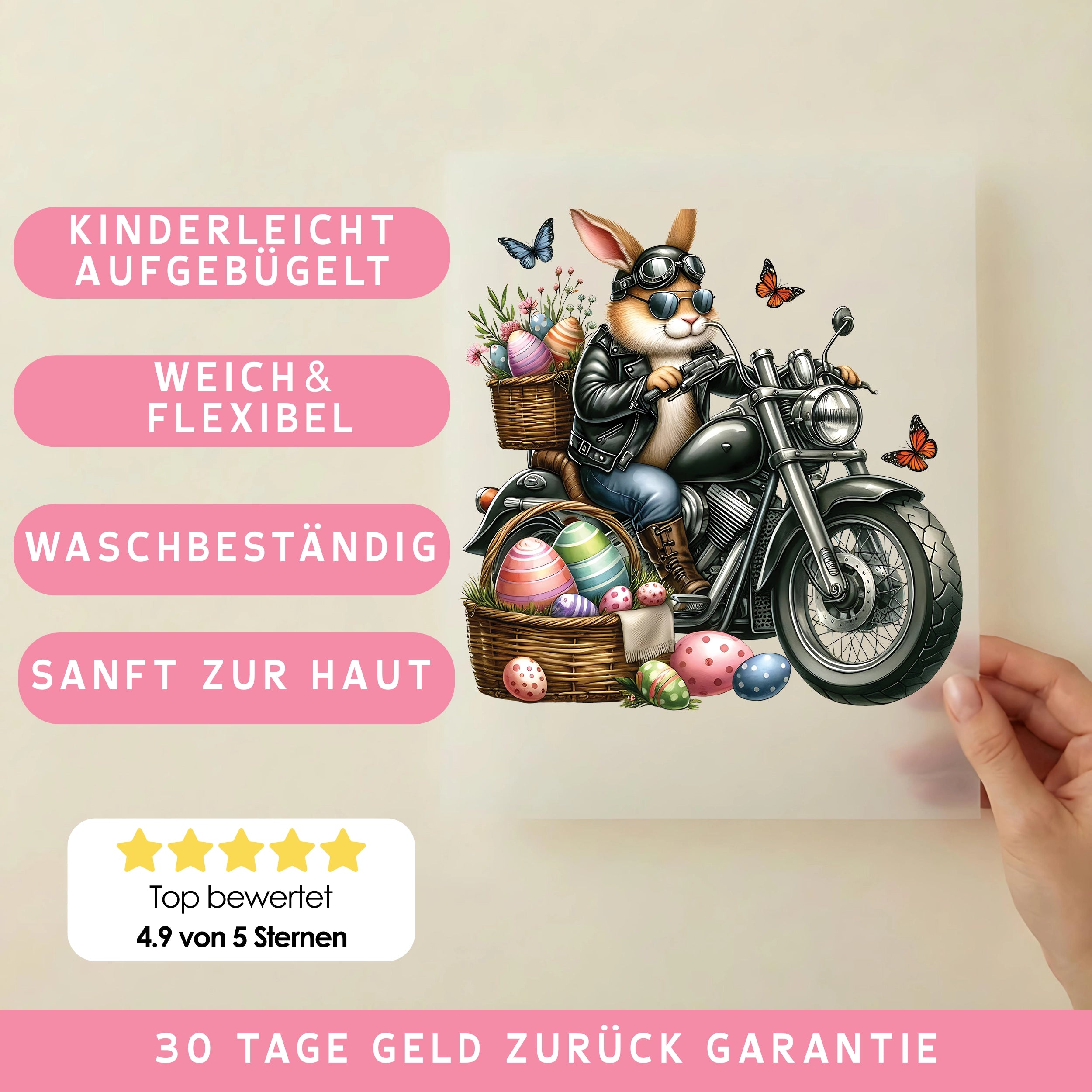 Bügelbild Bikerhase mit Eierladung
