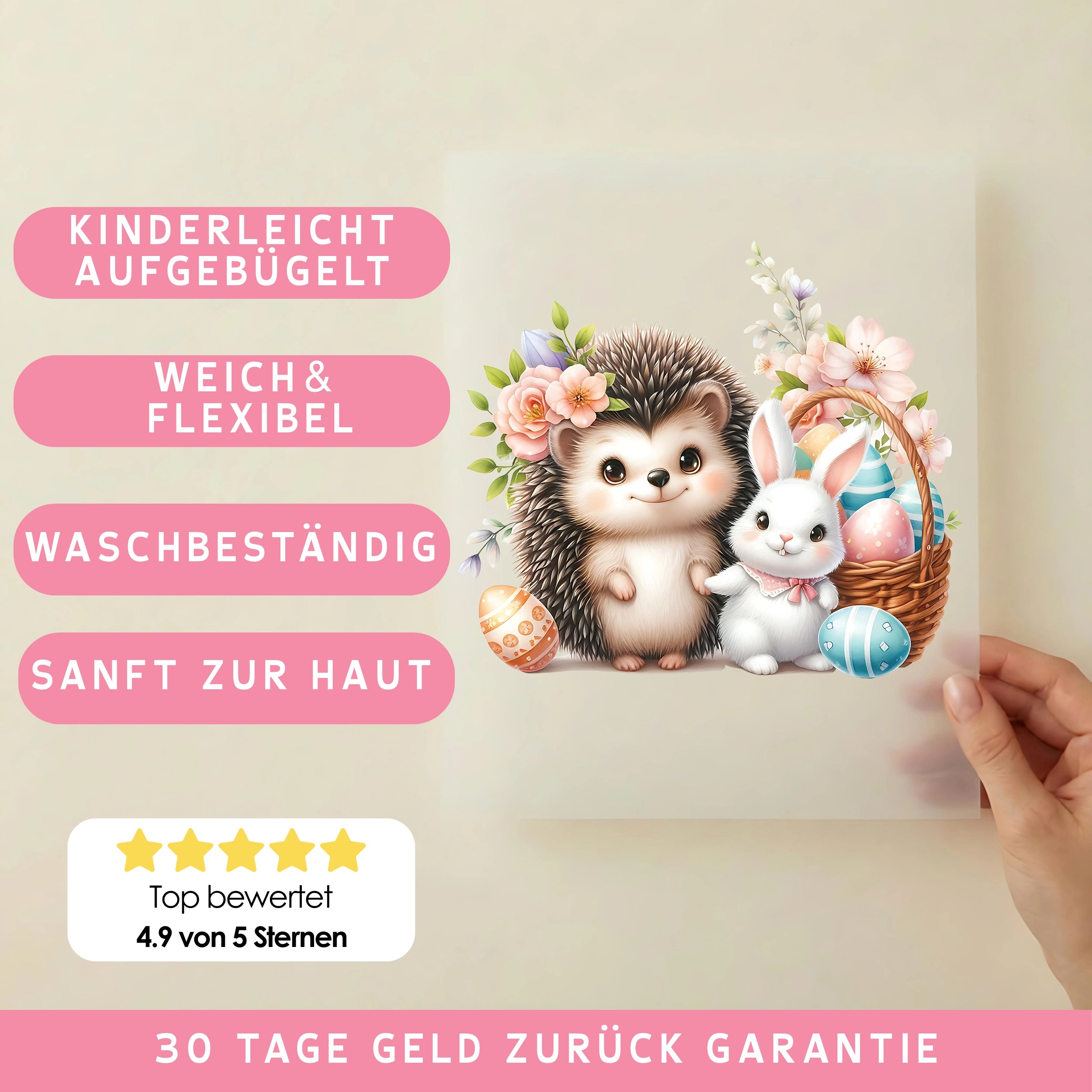 Bügelbild Blumenhase und Igelkind