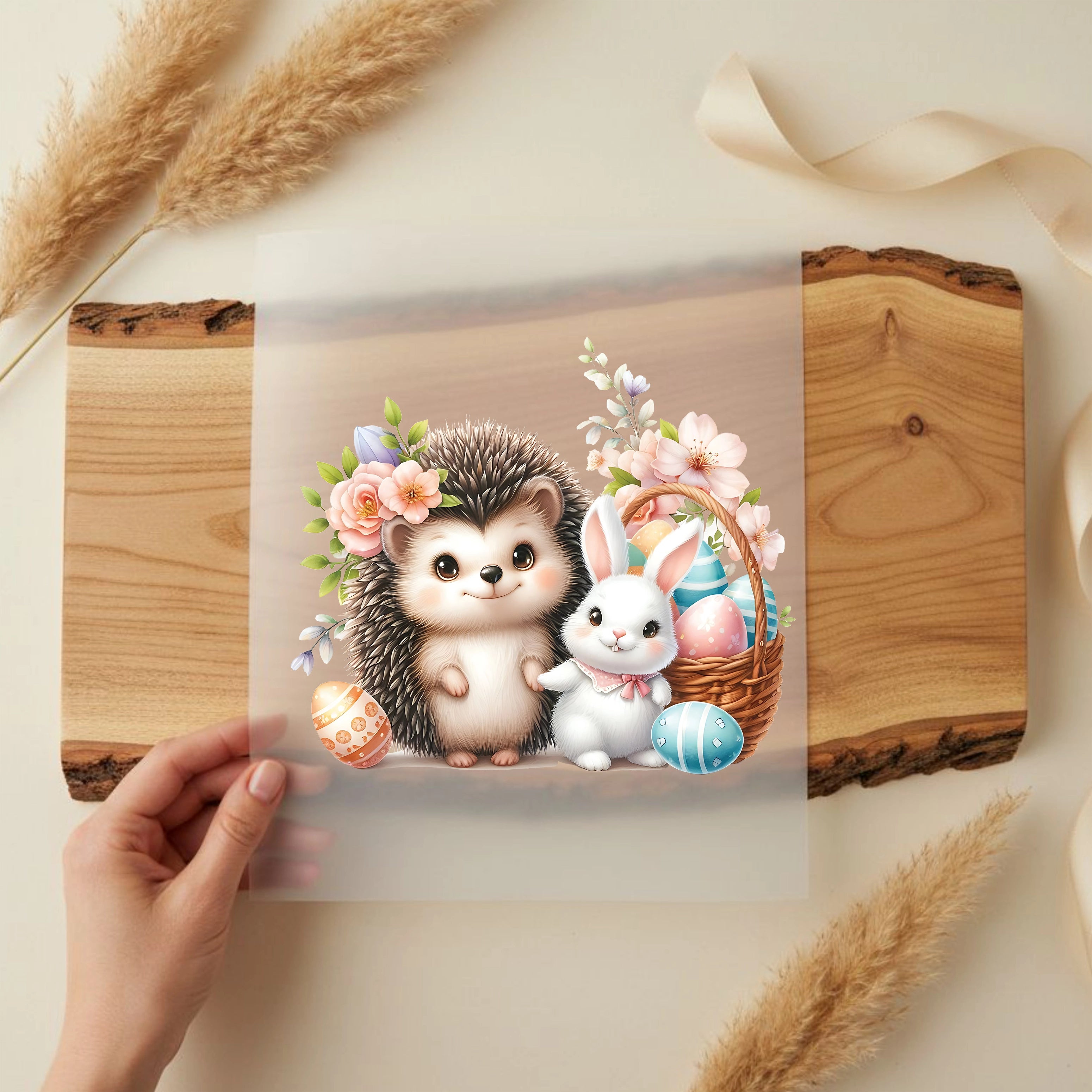 Bügelbild Blumenhase und Igelkind