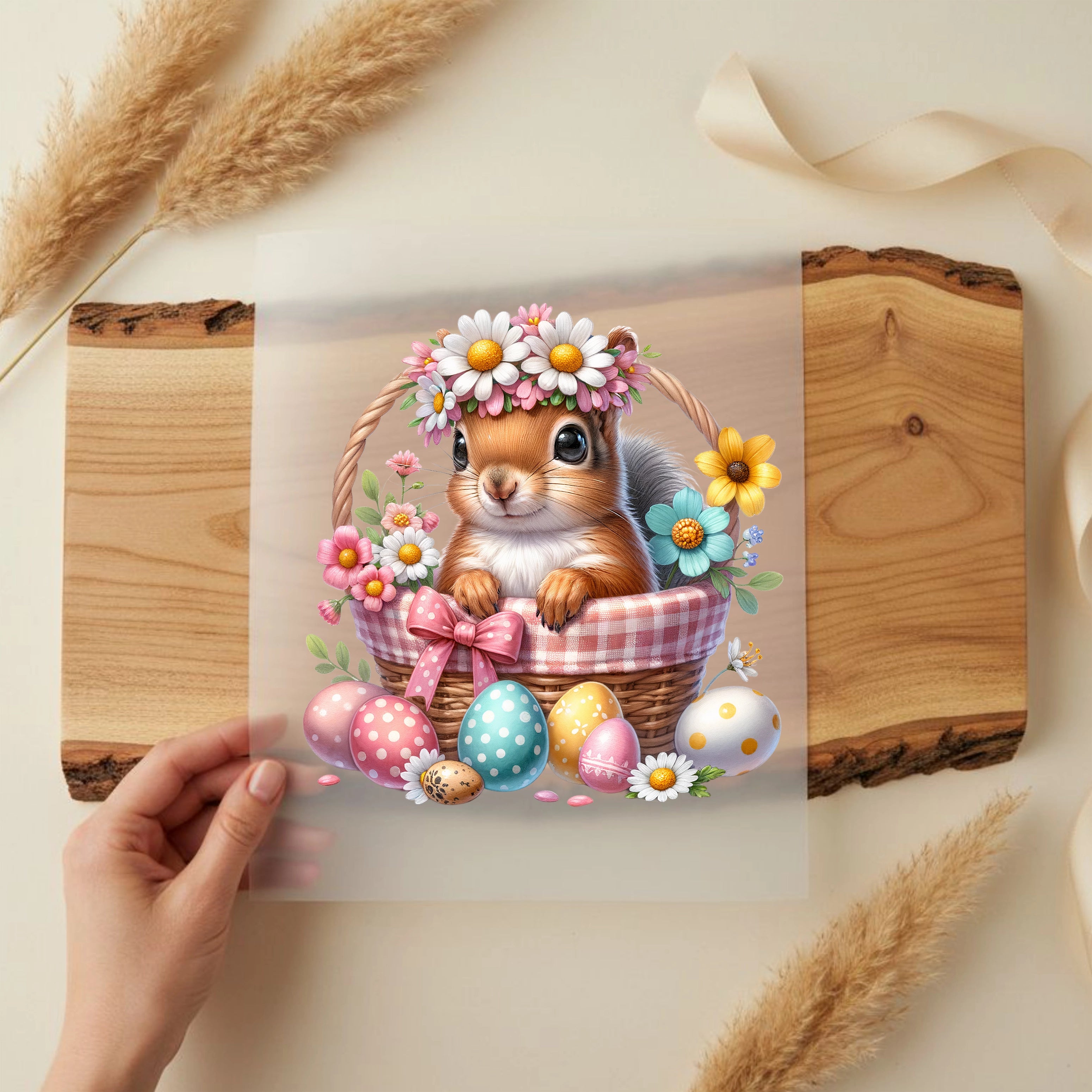 Bügelbild Eichhörnchen im Osterkörbchen