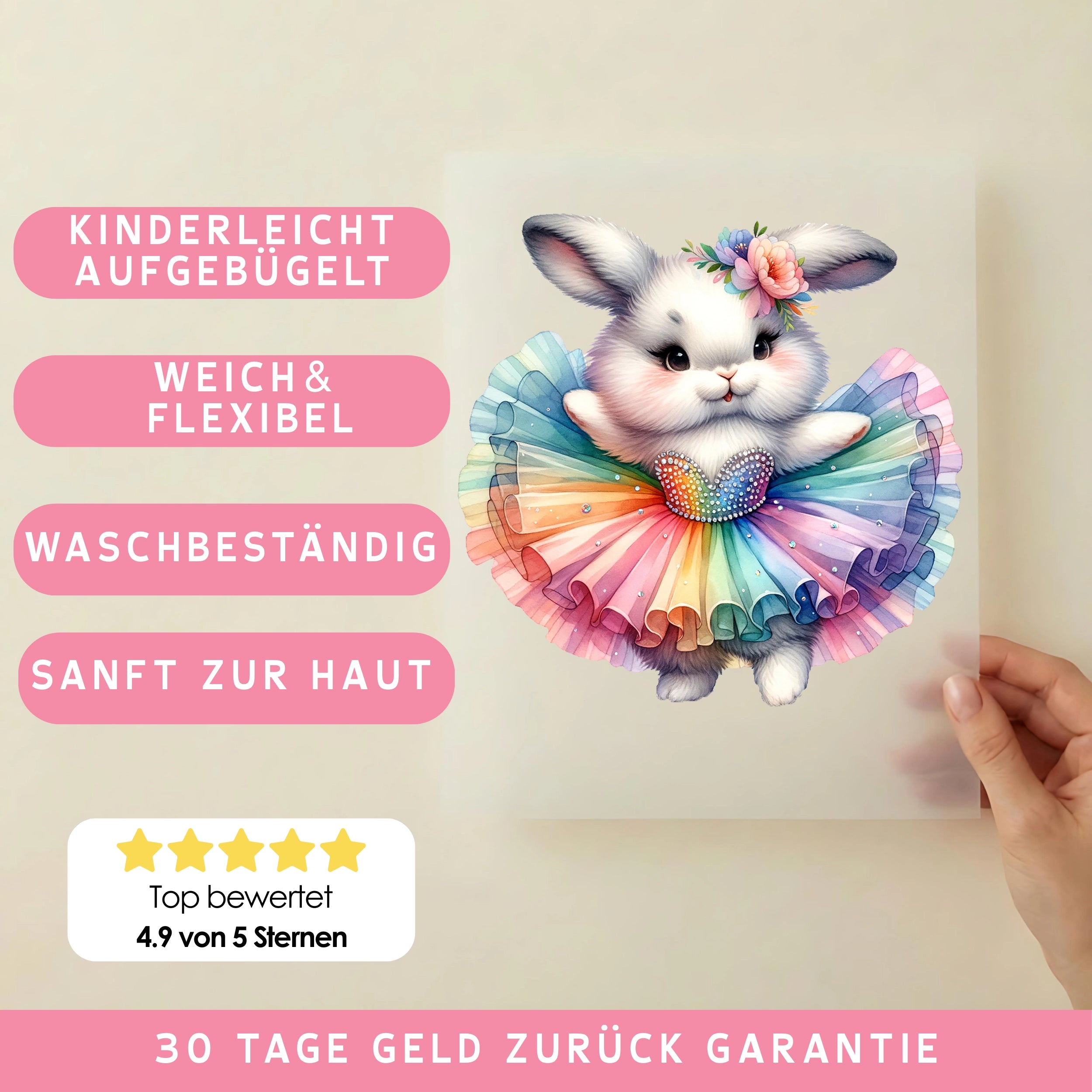 Bügelbild Hase in Ballettpose mit Tülltraum