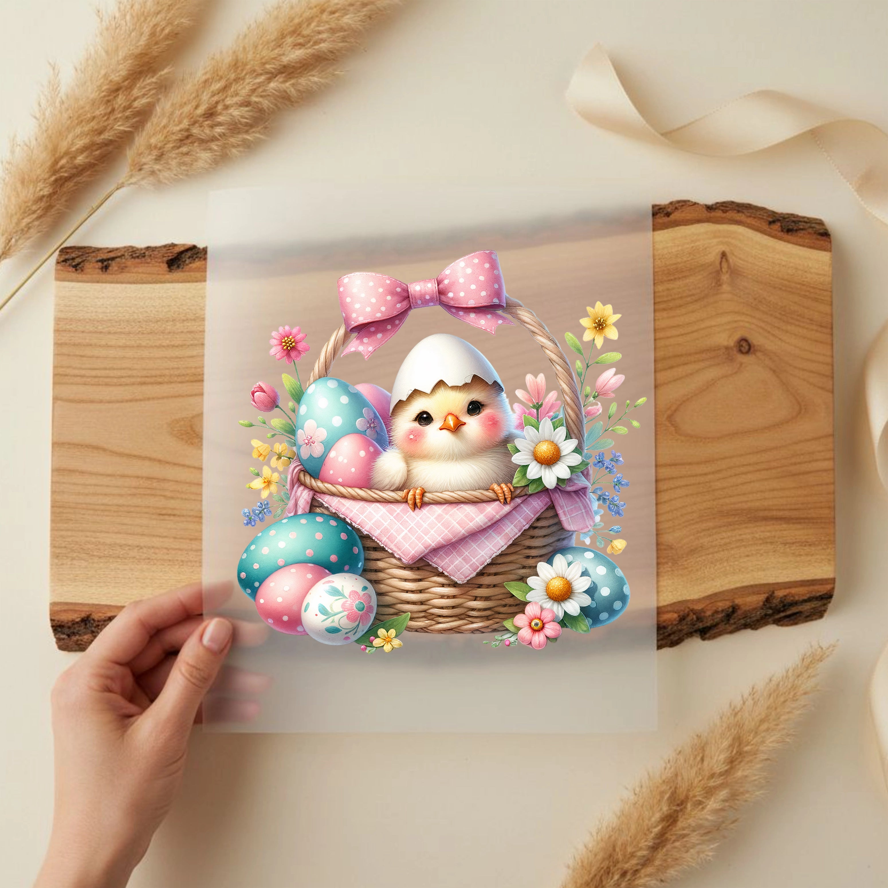 Bügelbild Kücken im Osterkörbchen