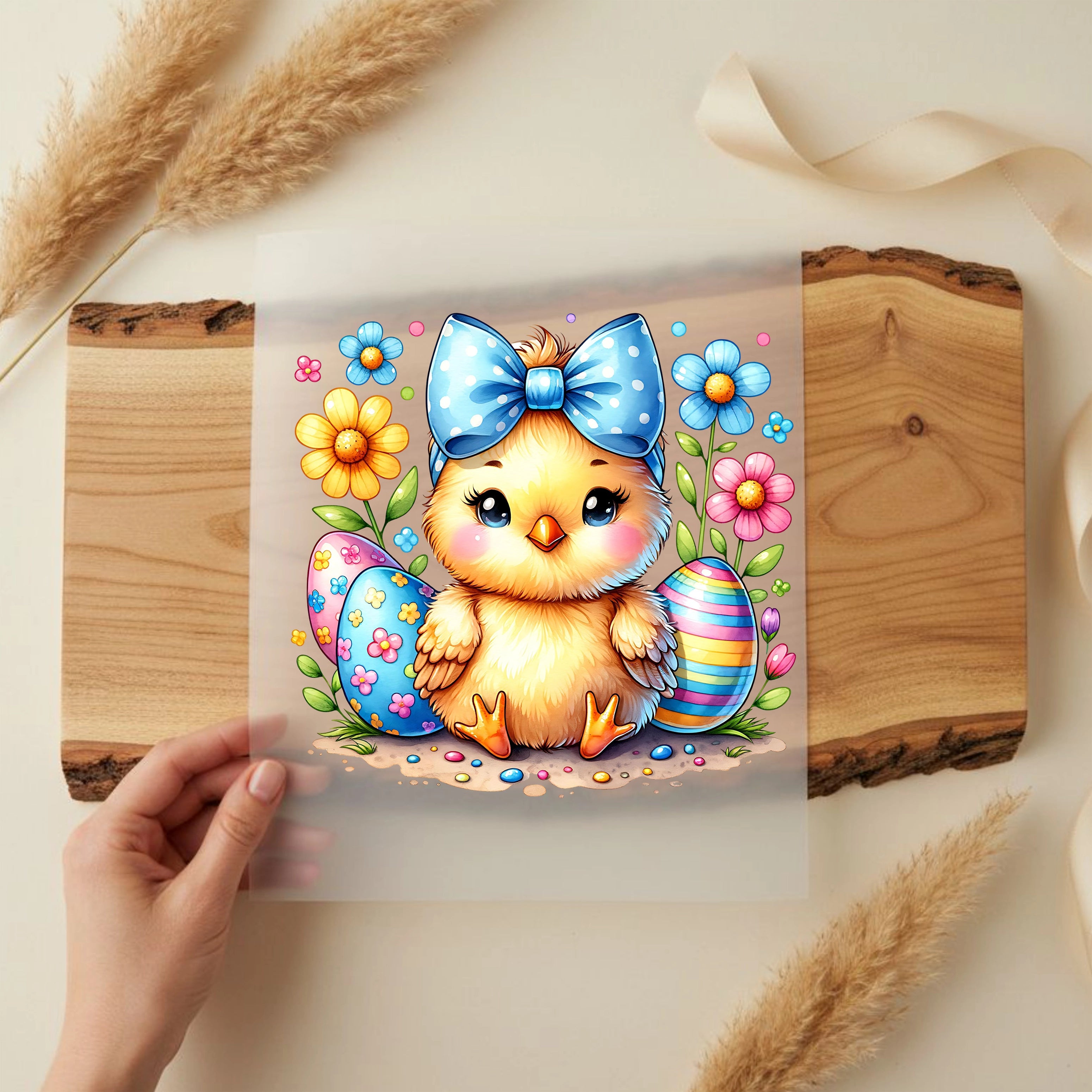 Bügelbild Kücken mit Schleife