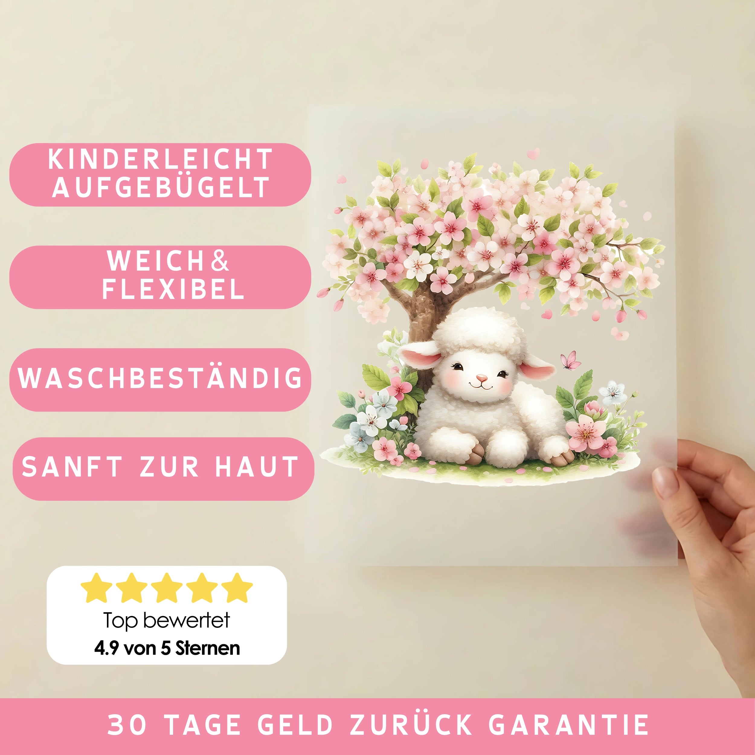 Bügelbild Kuschellamm unter Frühlingsbaum