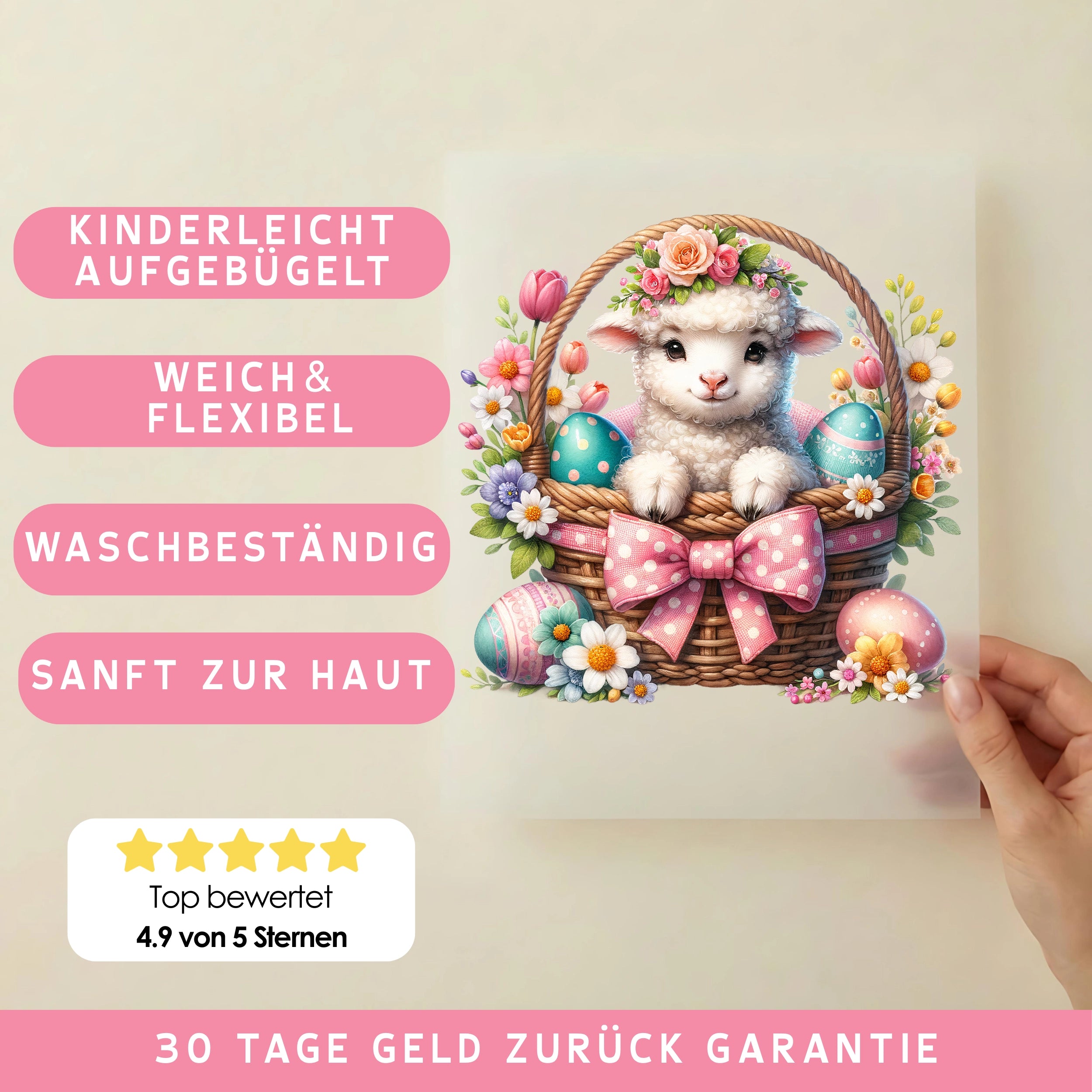 Bügelbild Lamm im Osterkörbchen