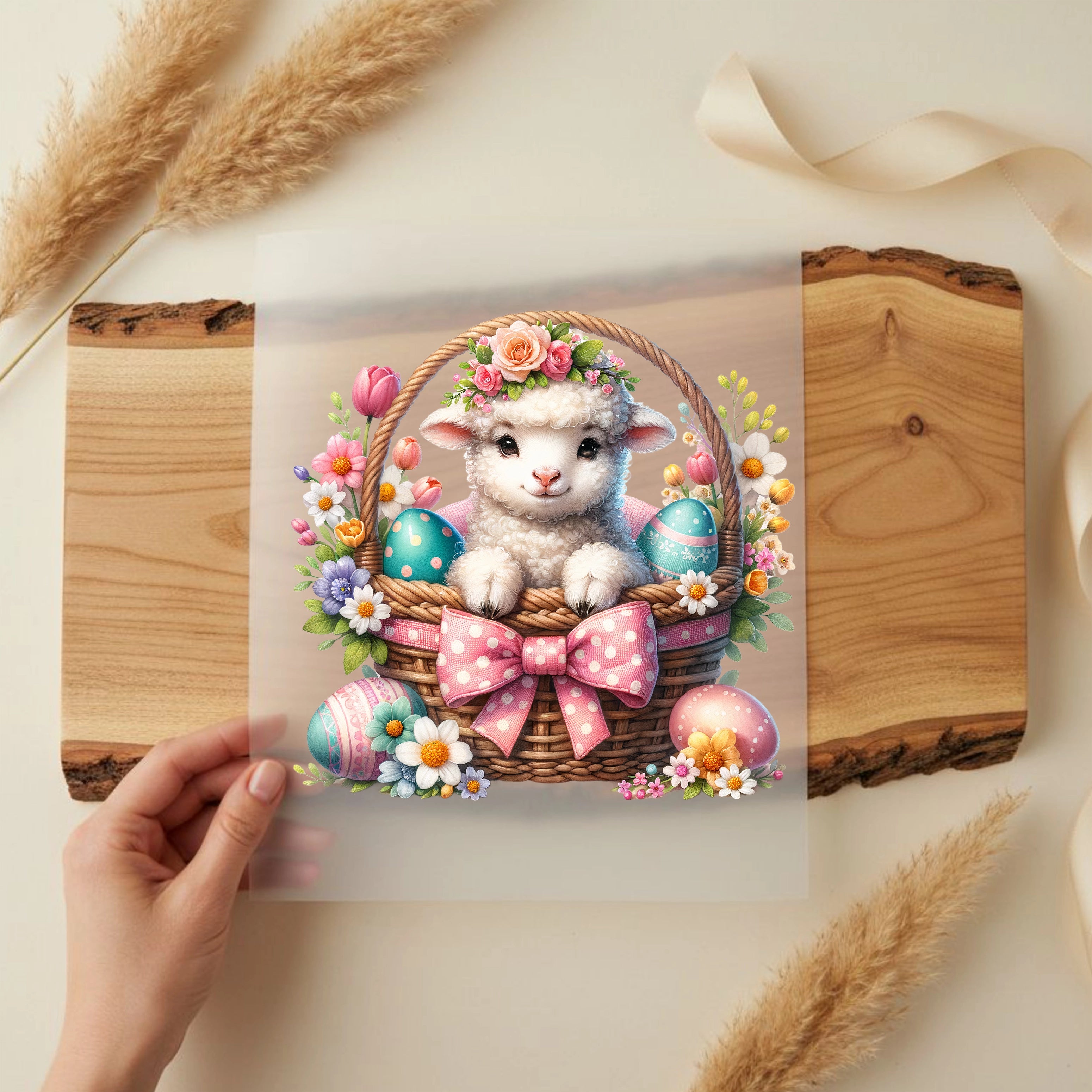 Bügelbild Lamm im Osterkörbchen
