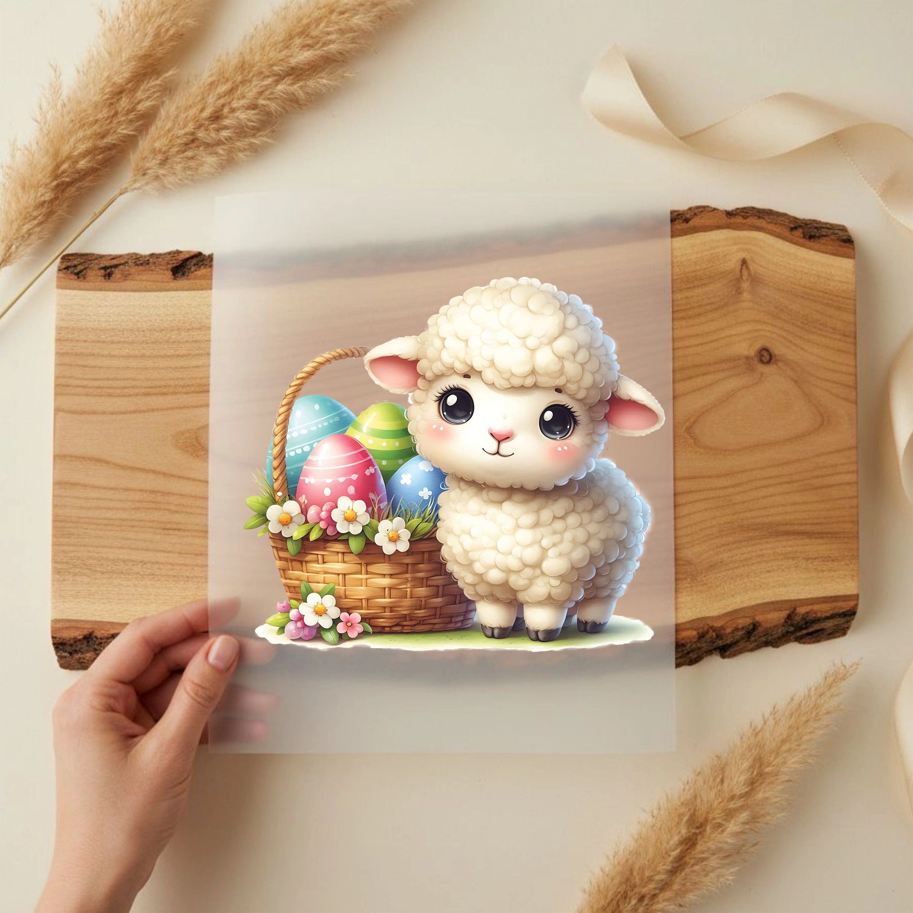 Bügelbild Lamm mit Osterkörbchen