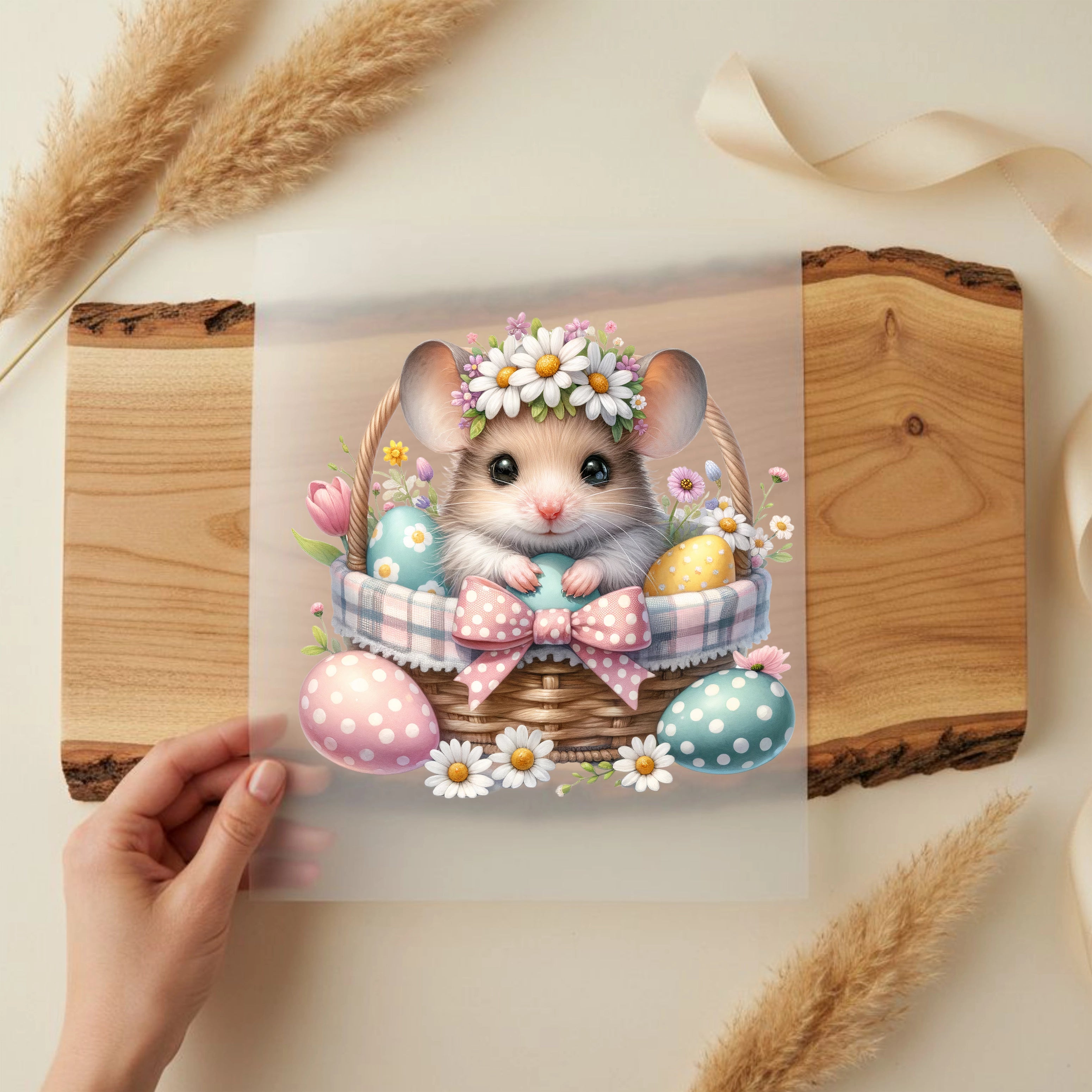 Bügelbild Maus im Osterkörbchen