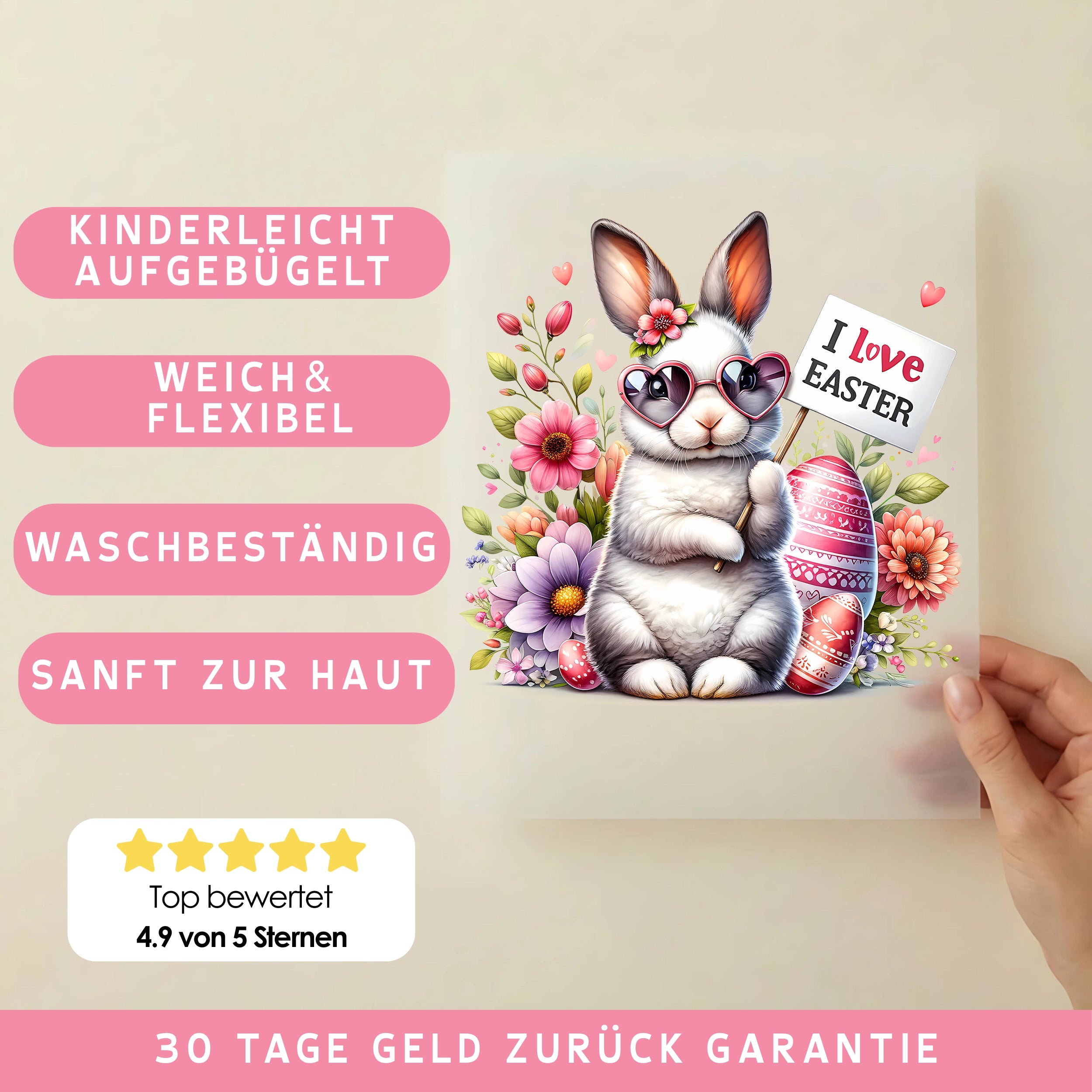 Bügelbild Osterhase Rita mit Herzbrille