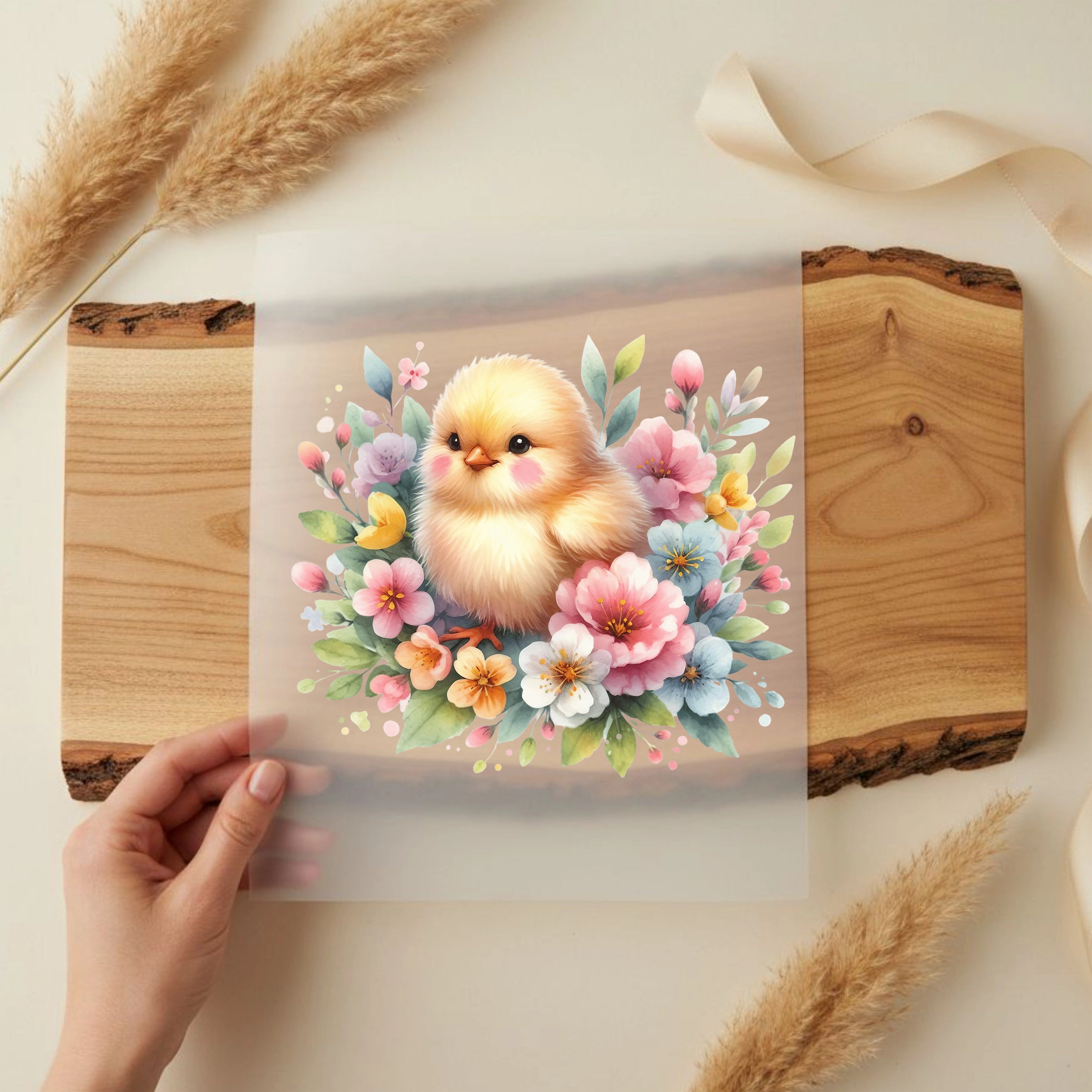 Bügelbild Osterküken in Blütenpracht