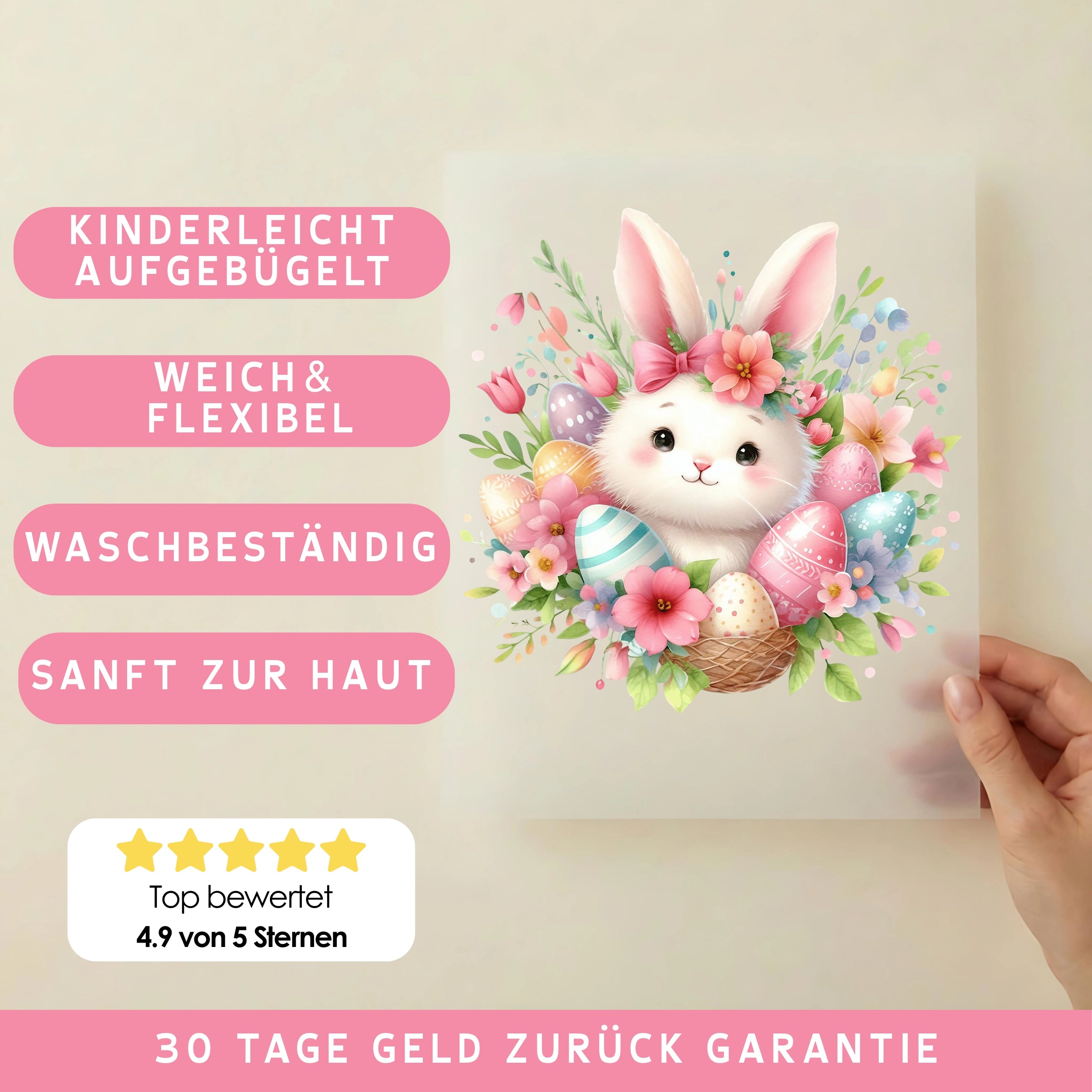 Bügelbild Ostern Hoppelhase im Blumenmeer