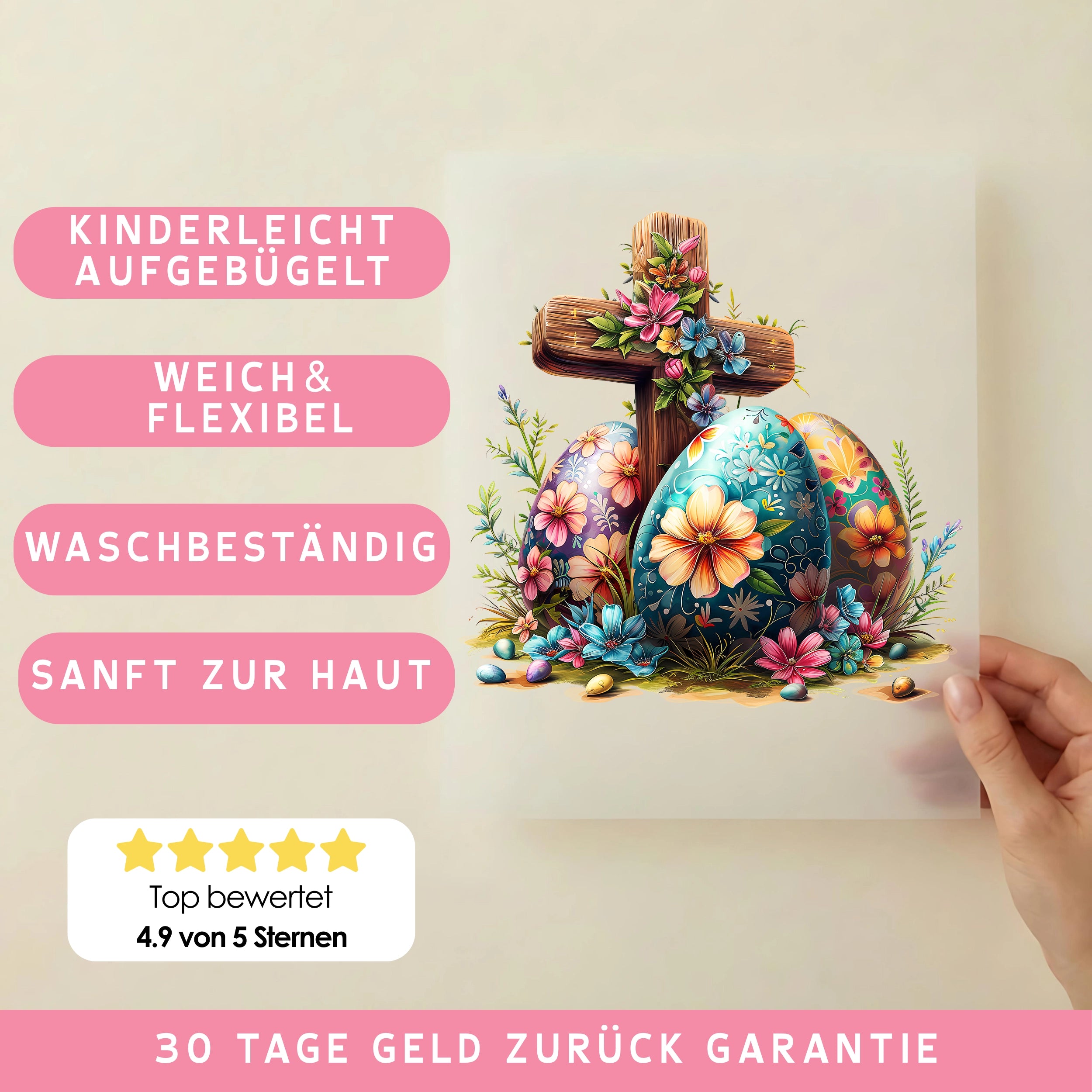 Bügelbild Ostern Kreuz mit Blumen & Eiern