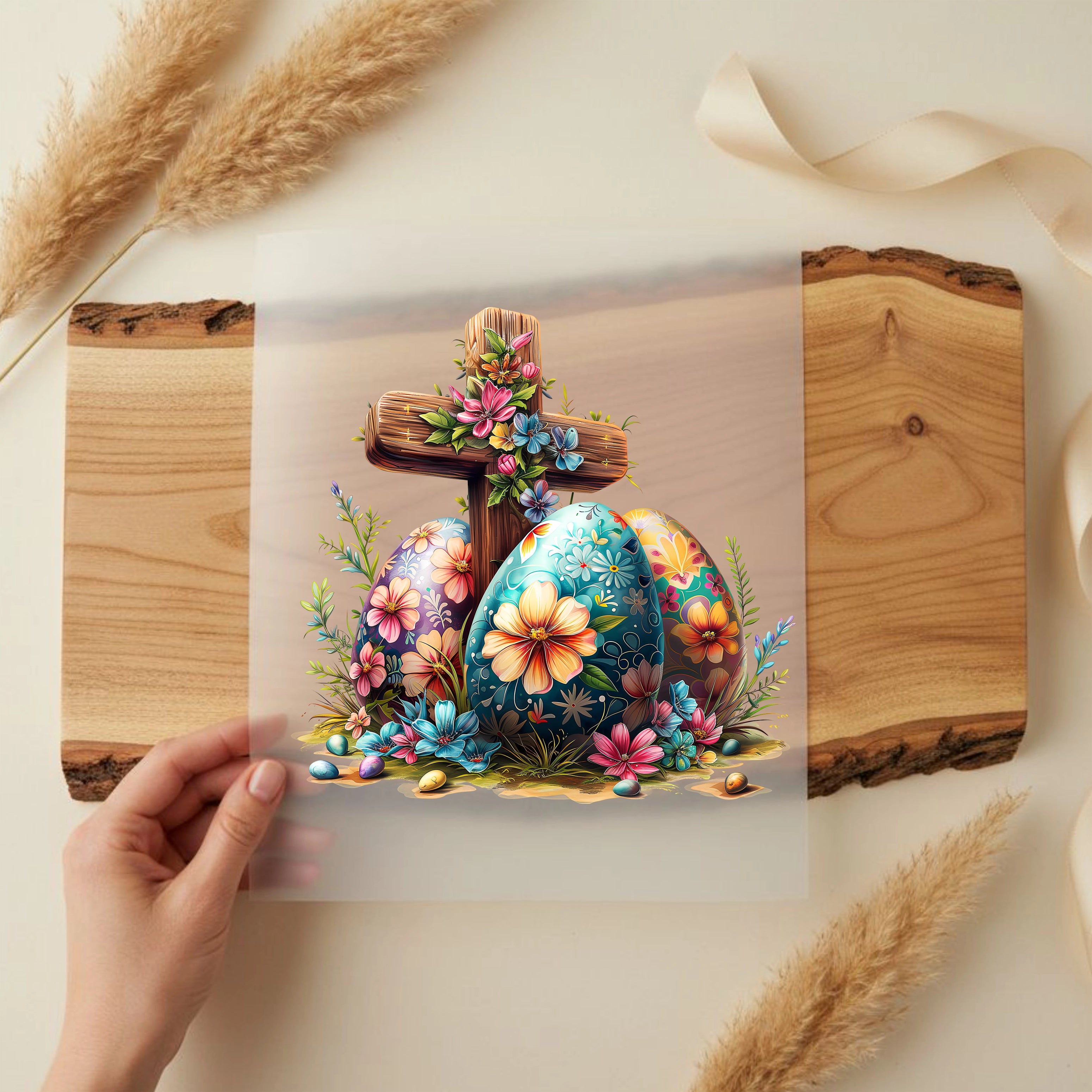 Bügelbild Ostern Kreuz mit Blumen & Eiern