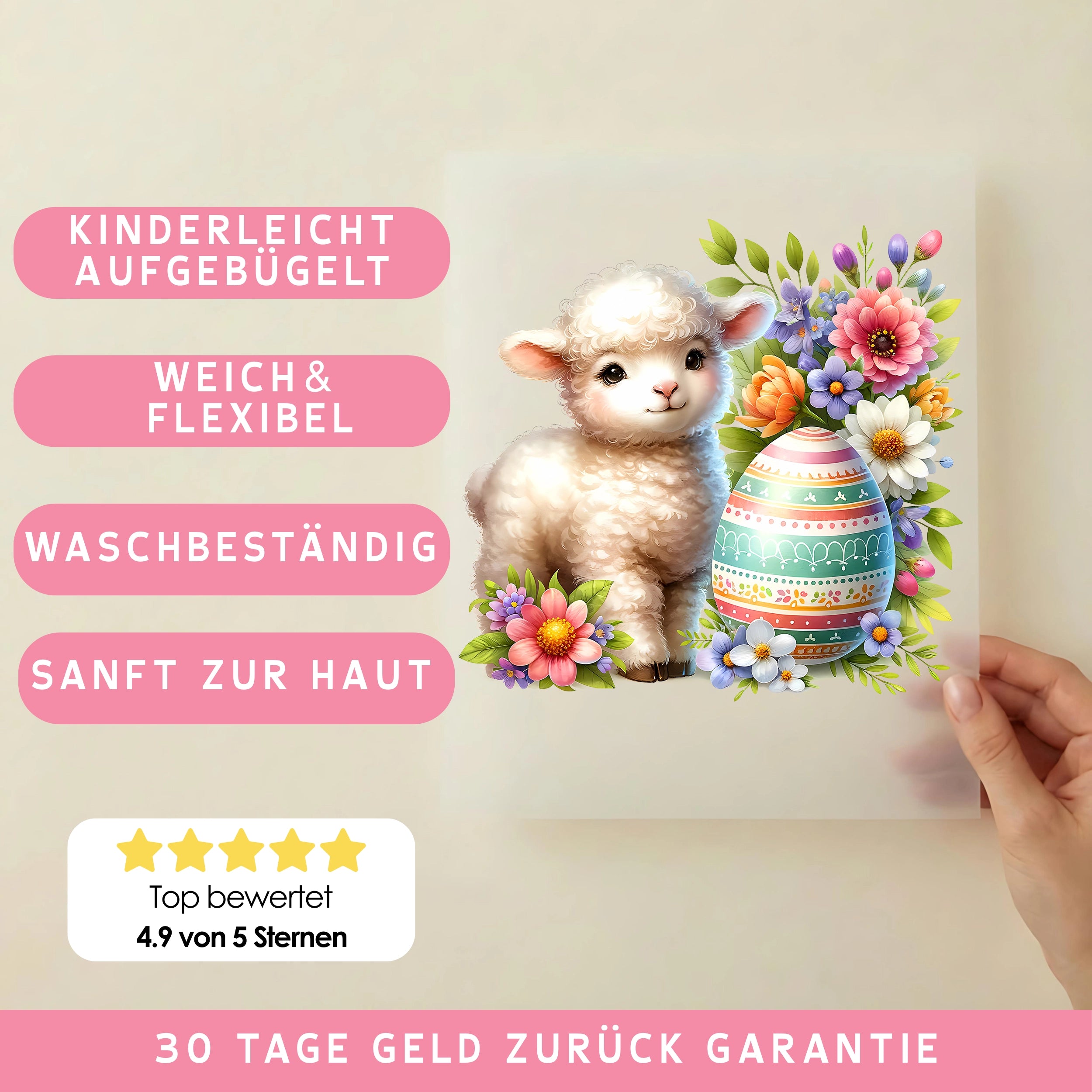 Bügelbild Ostern Lamm Lullu auf Frühlingswiese