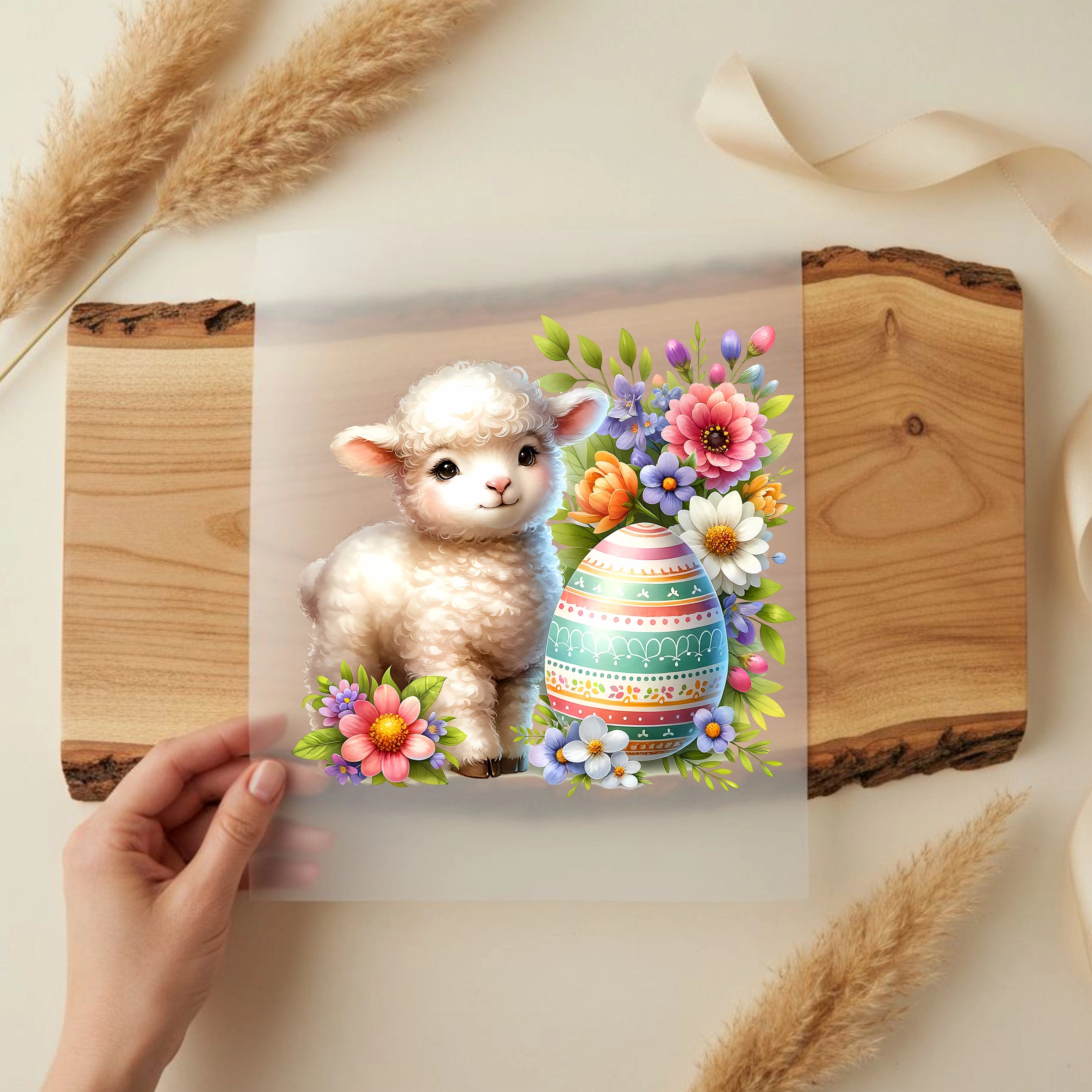 Bügelbild Ostern Lamm Lullu auf Frühlingswiese