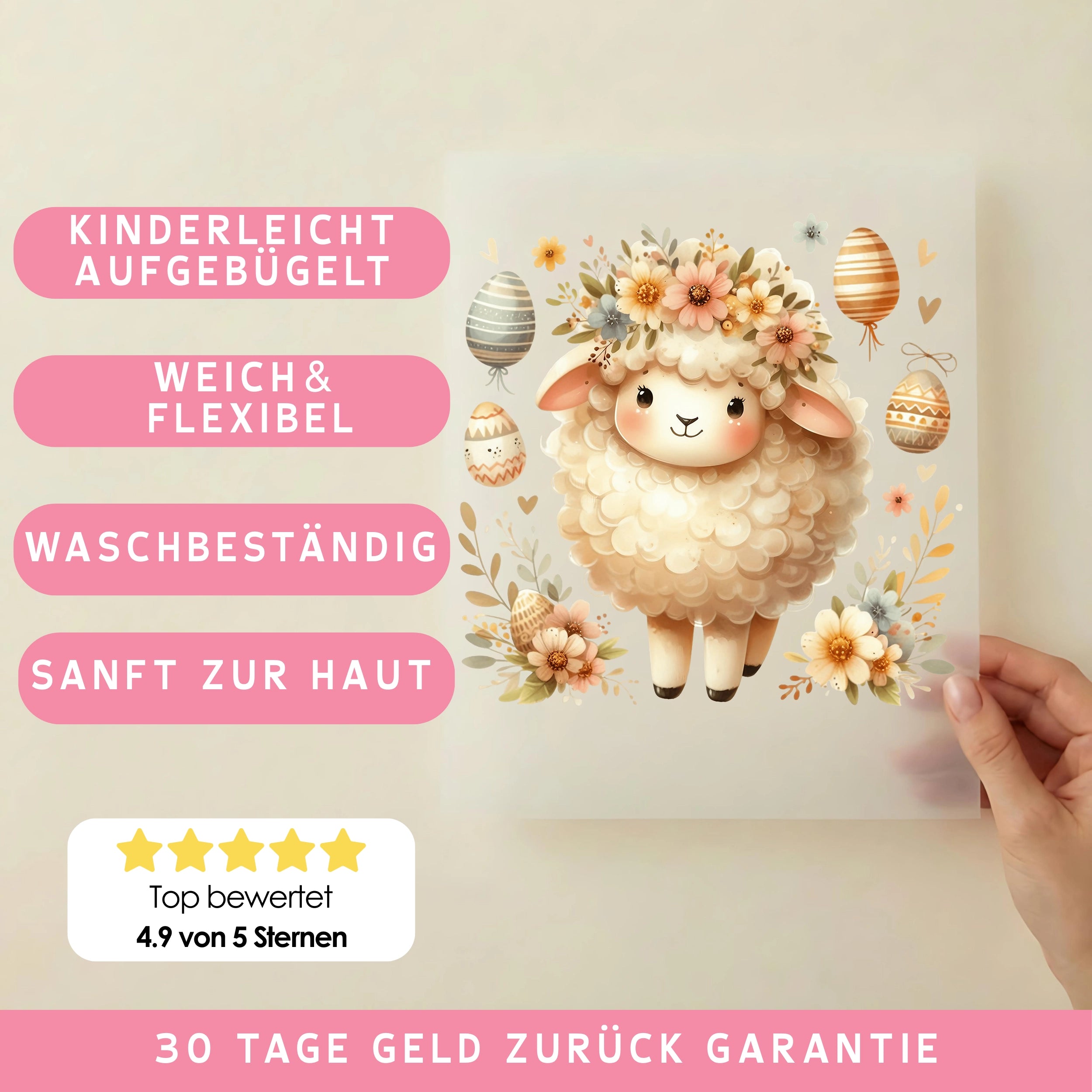 Bügelbild Ostern Schaf mit Blumenkranz
