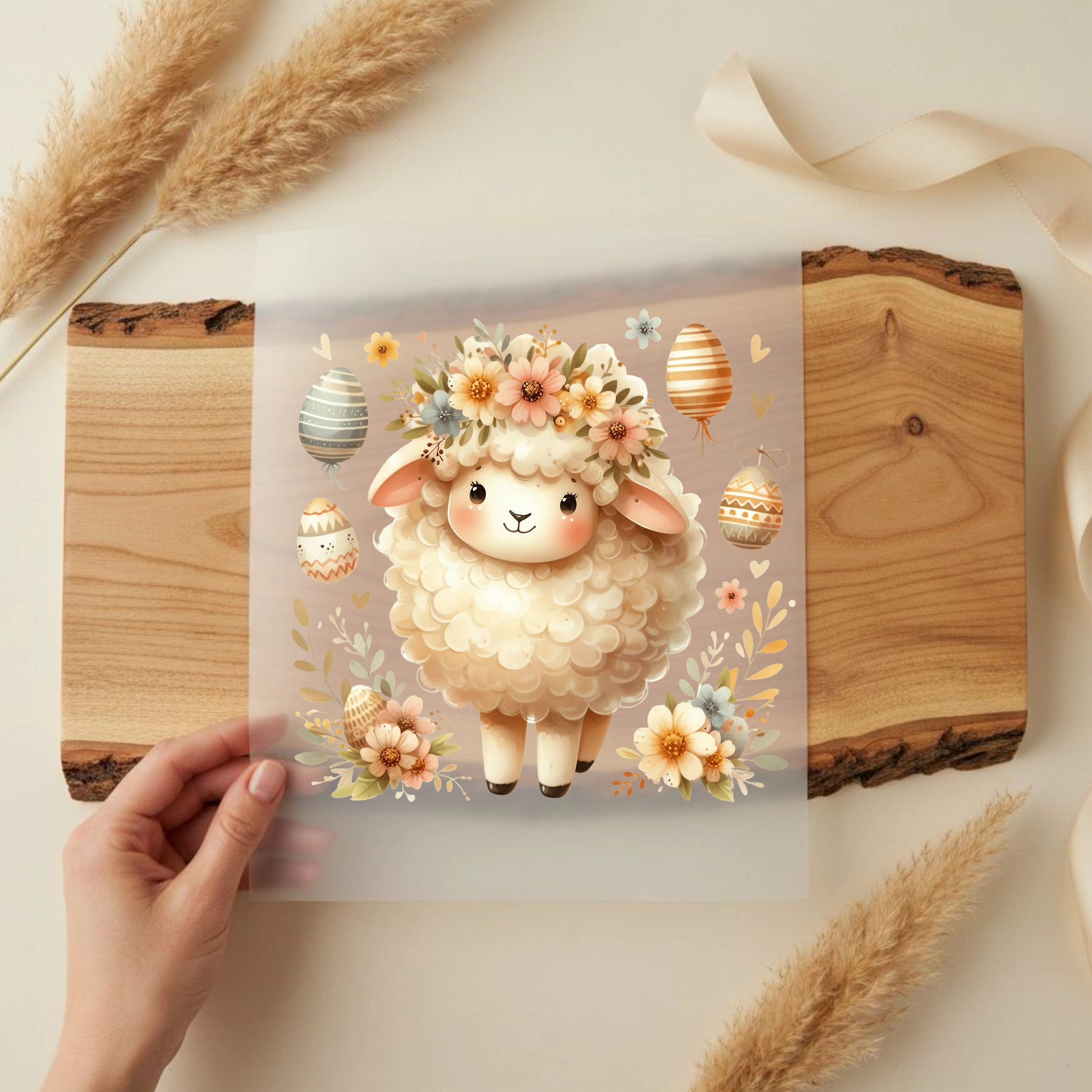 Bügelbild Ostern Schaf mit Blumenkranz